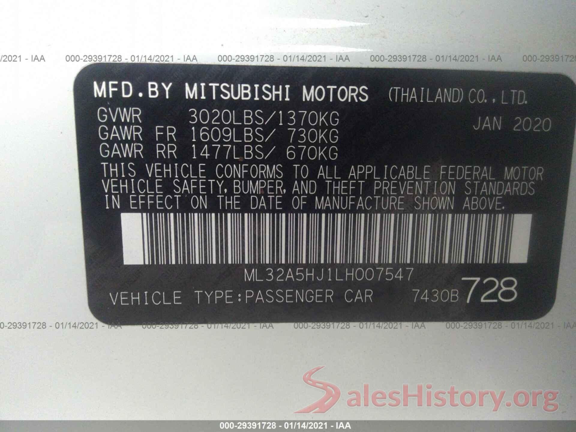 ML32A5HJ1LH007547 2020 MITSUBISHI MIRAGE