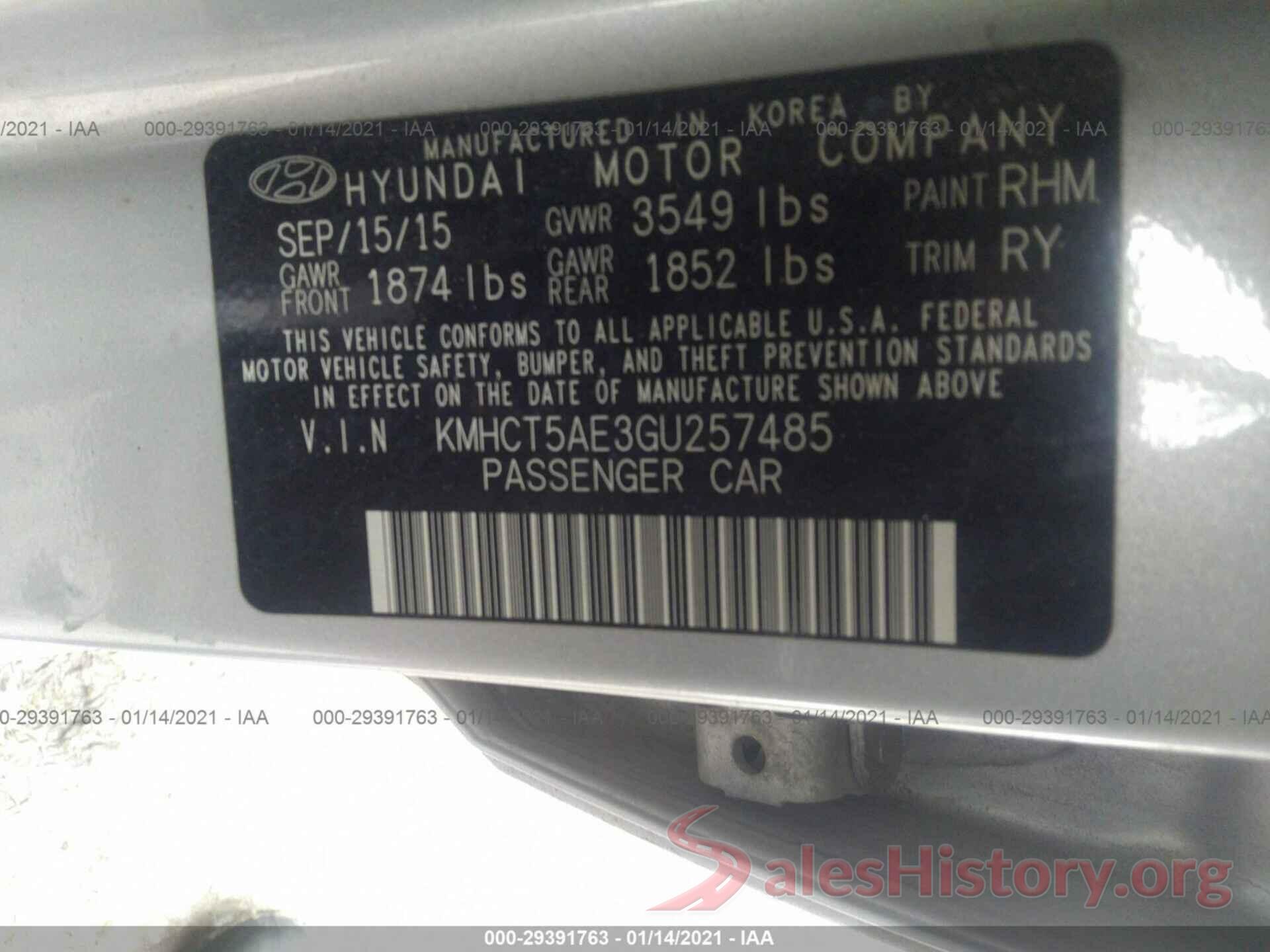 KMHCT5AE3GU257485 2016 HYUNDAI ACCENT