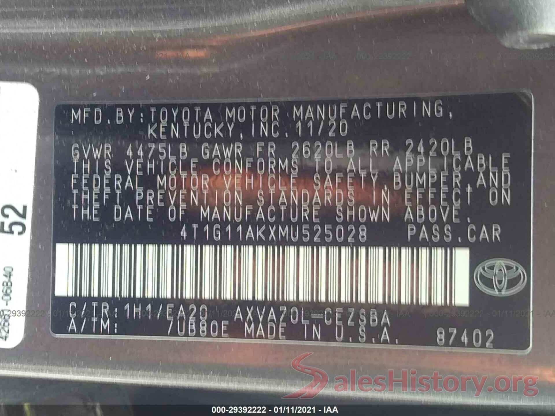 4T1G11AKXMU525028 2021 TOYOTA CAMRY