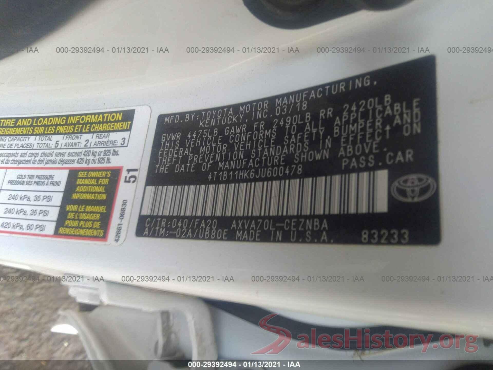 4T1B11HK6JU600478 2018 TOYOTA CAMRY