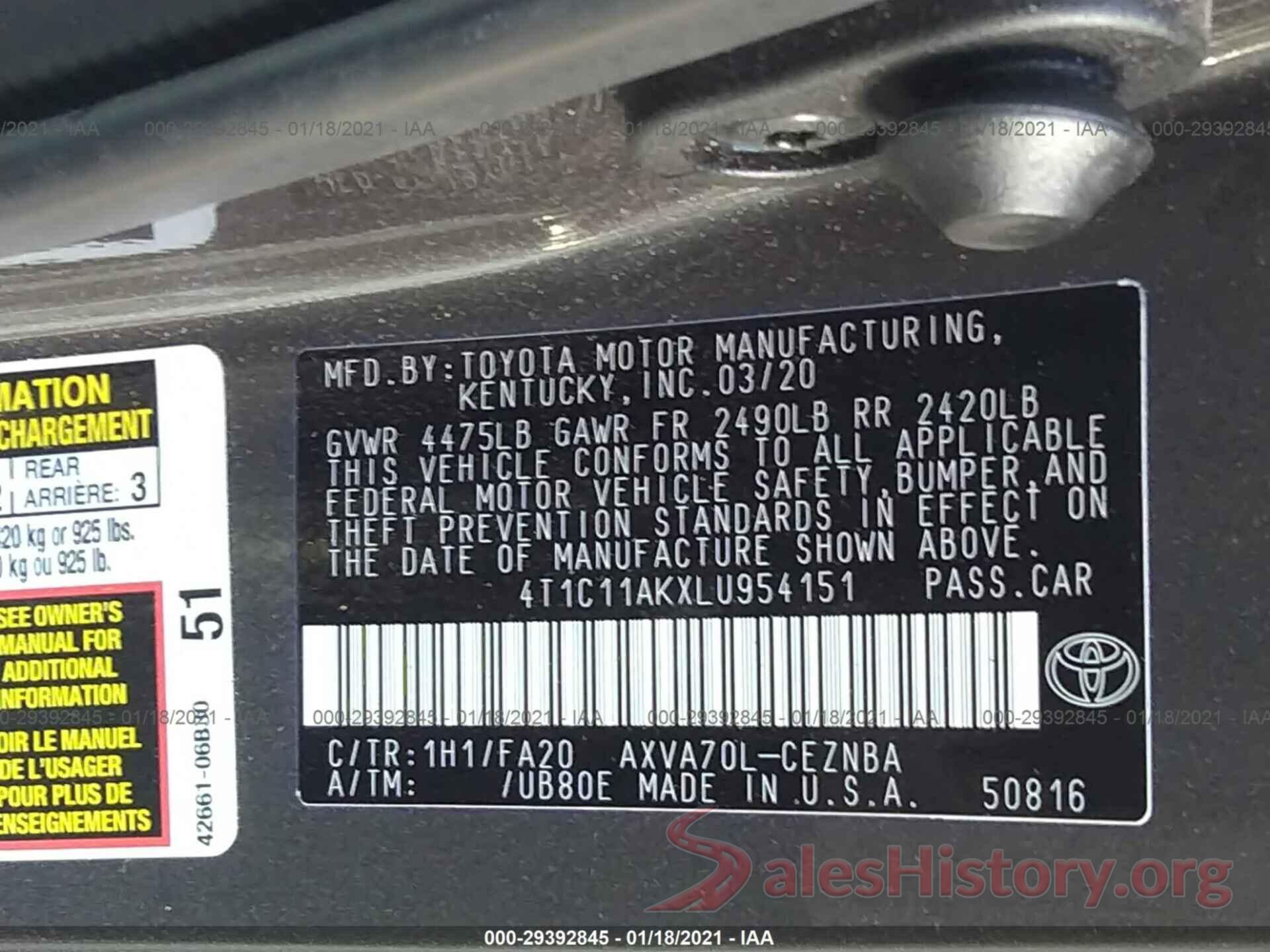 4T1C11AKXLU954151 2020 TOYOTA CAMRY