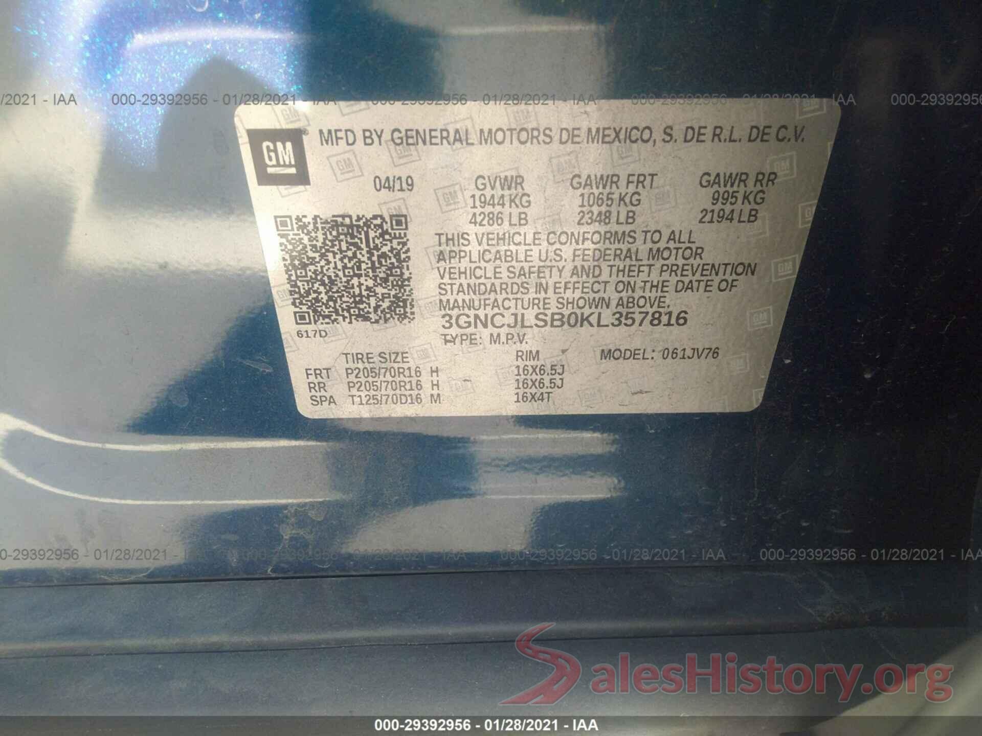 3GNCJLSB0KL357816 2019 CHEVROLET TRAX