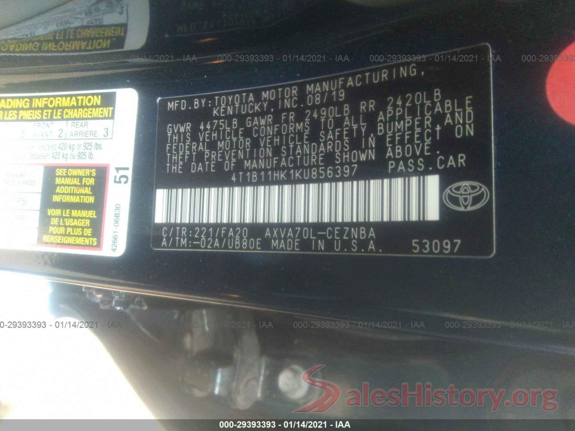 4T1B11HK1KU856397 2019 TOYOTA CAMRY