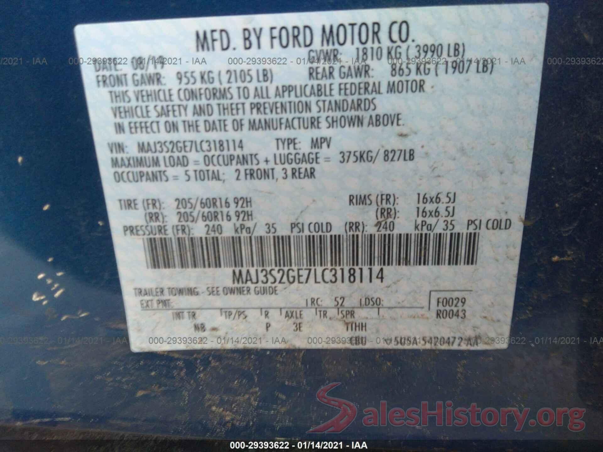 MAJ3S2GE7LC318114 2020 FORD ECOSPORT