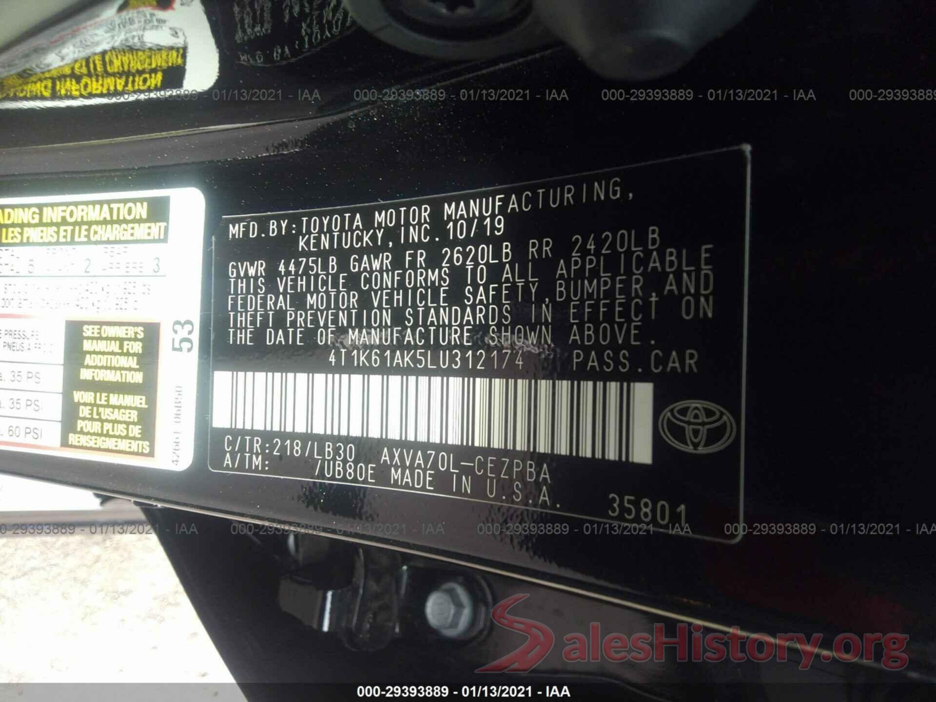 4T1K61AK5LU312174 2020 TOYOTA CAMRY