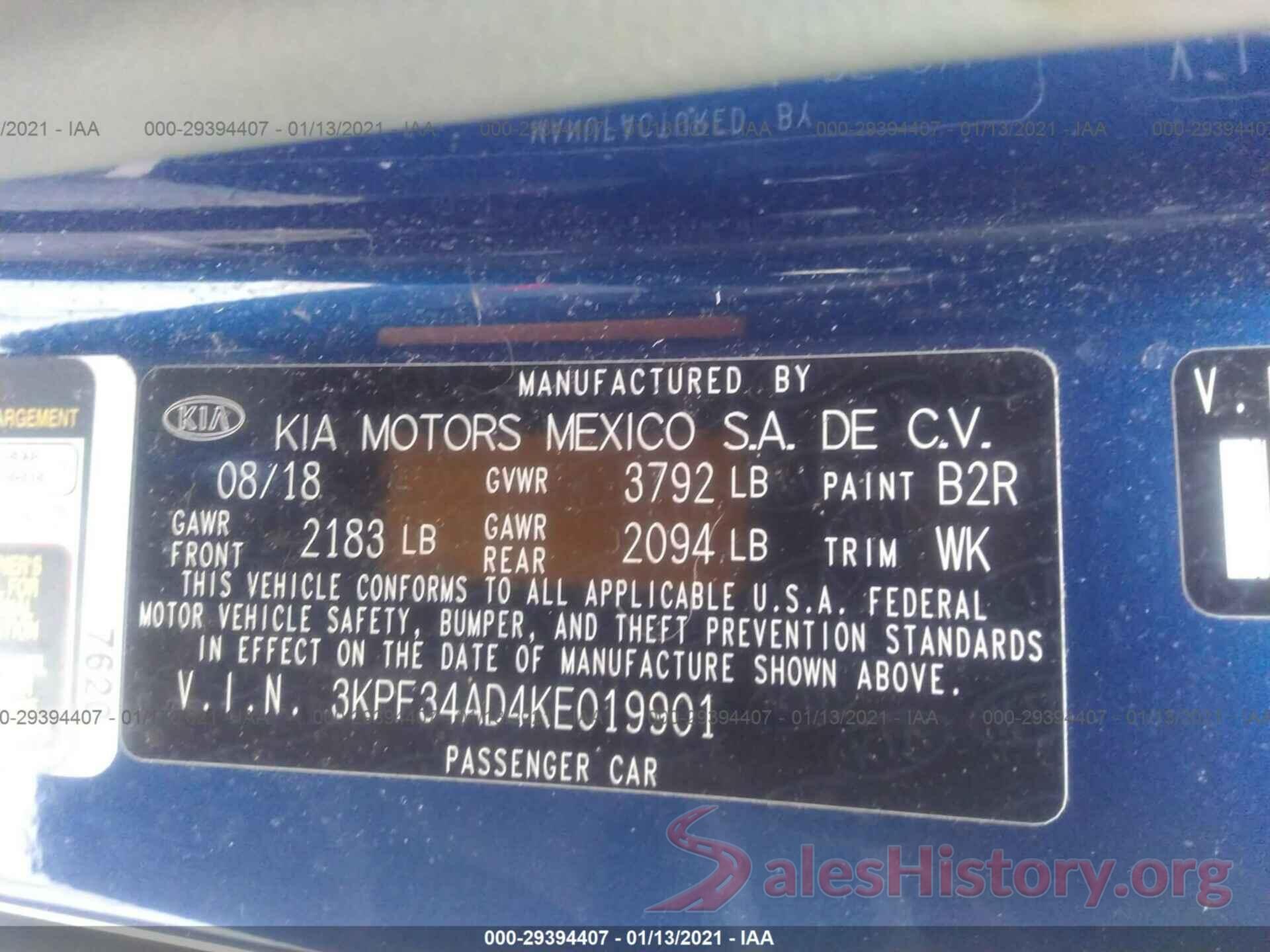 3KPF34AD4KE019901 2019 KIA FORTE