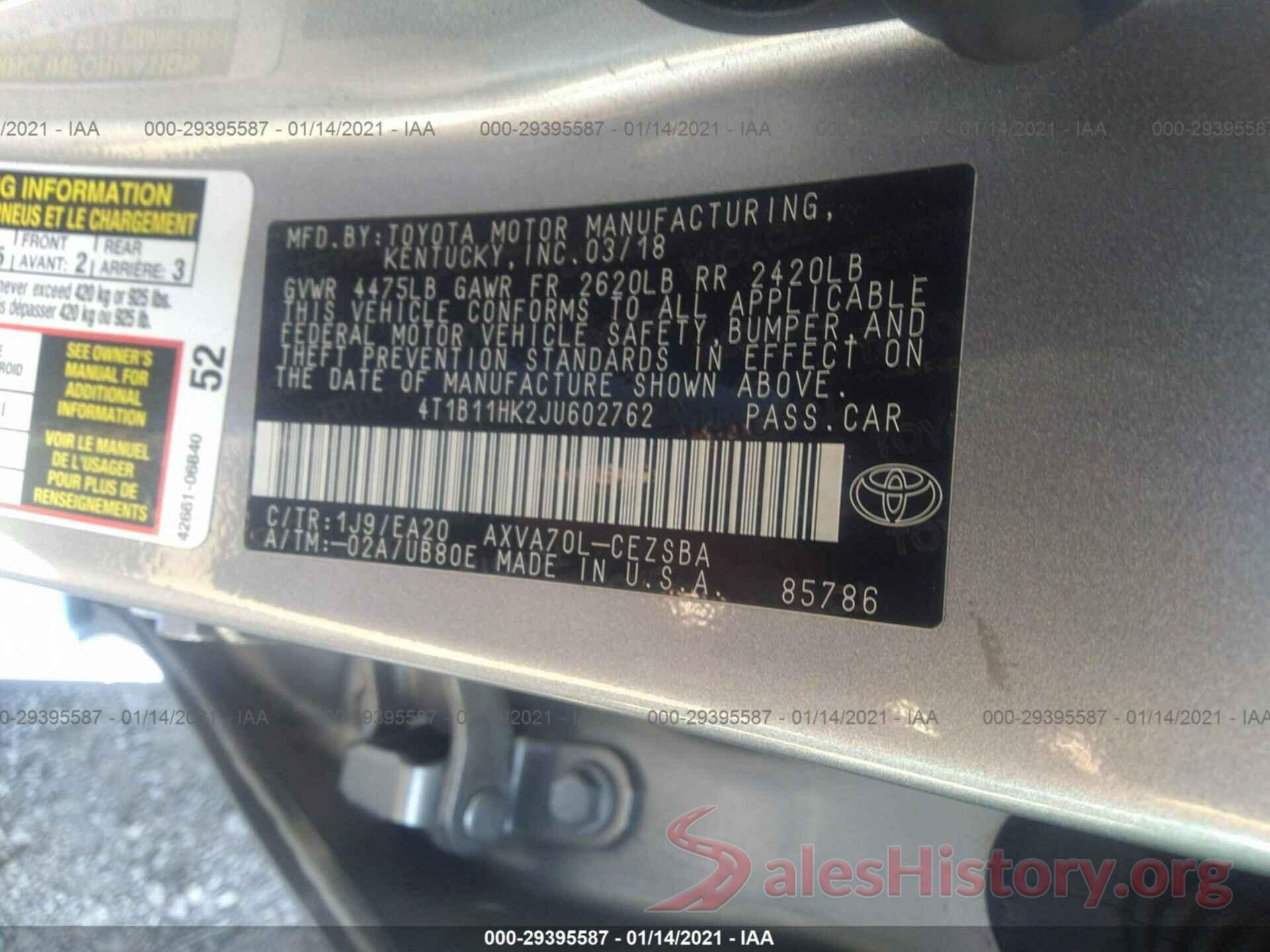 4T1B11HK2JU602762 2018 TOYOTA CAMRY