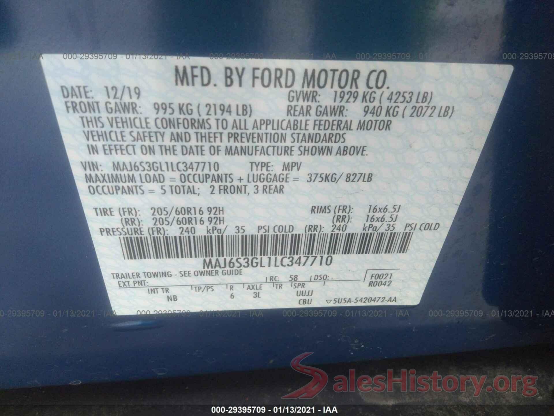 MAJ6S3GL1LC347710 2020 FORD ECOSPORT