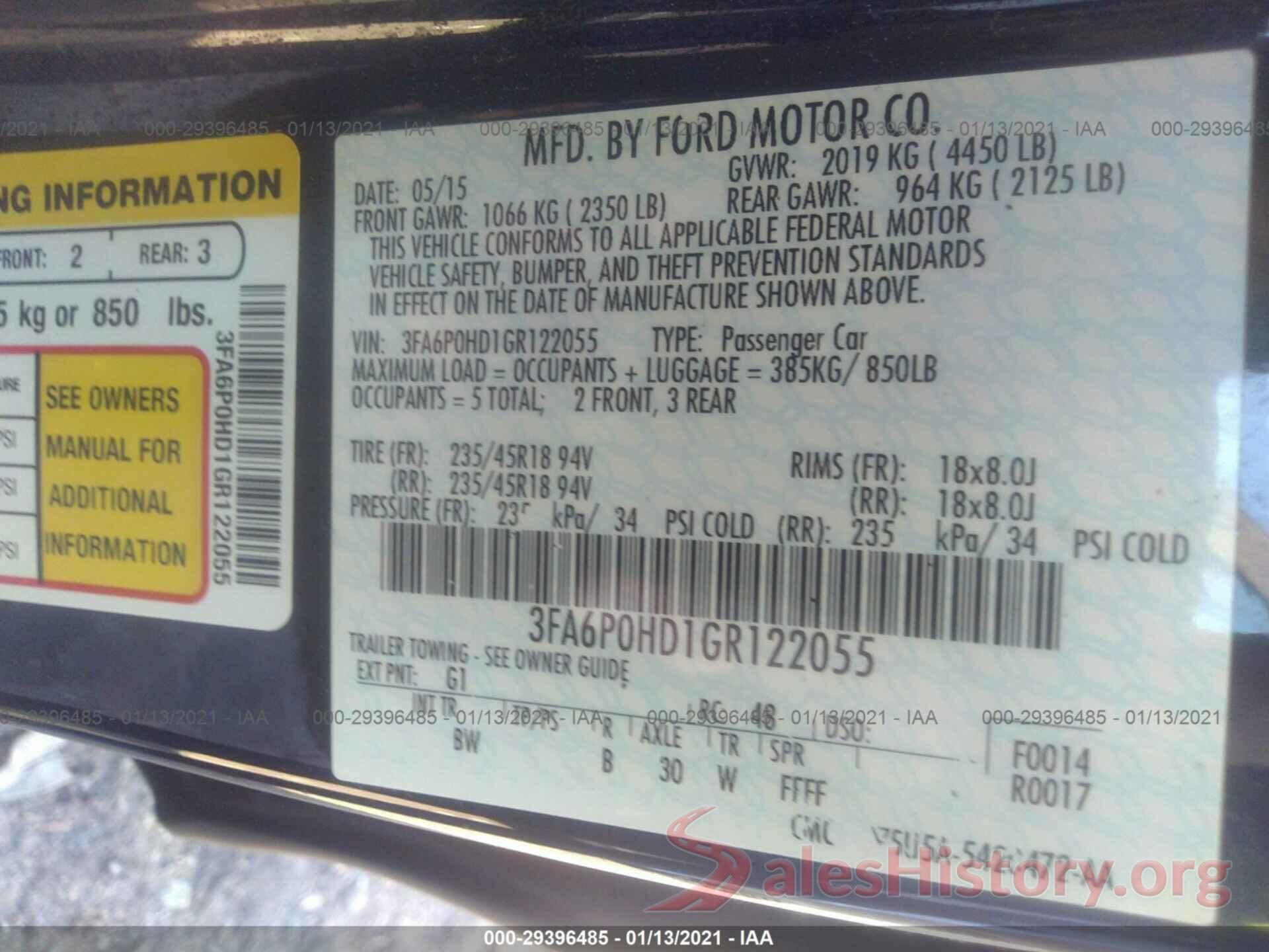 3FA6P0HD1GR122055 2016 FORD FUSION