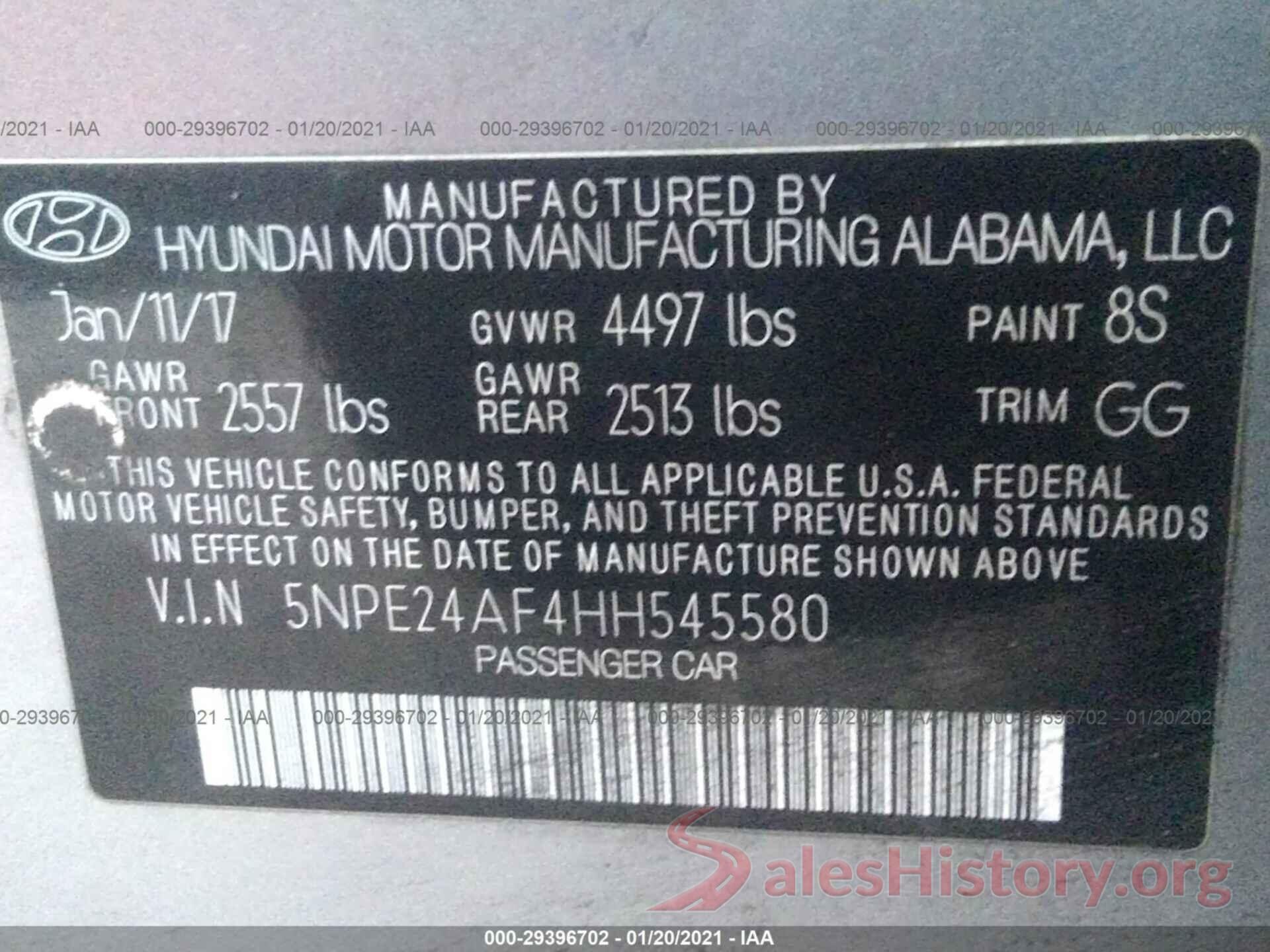 5NPE24AF4HH545580 2017 HYUNDAI SONATA