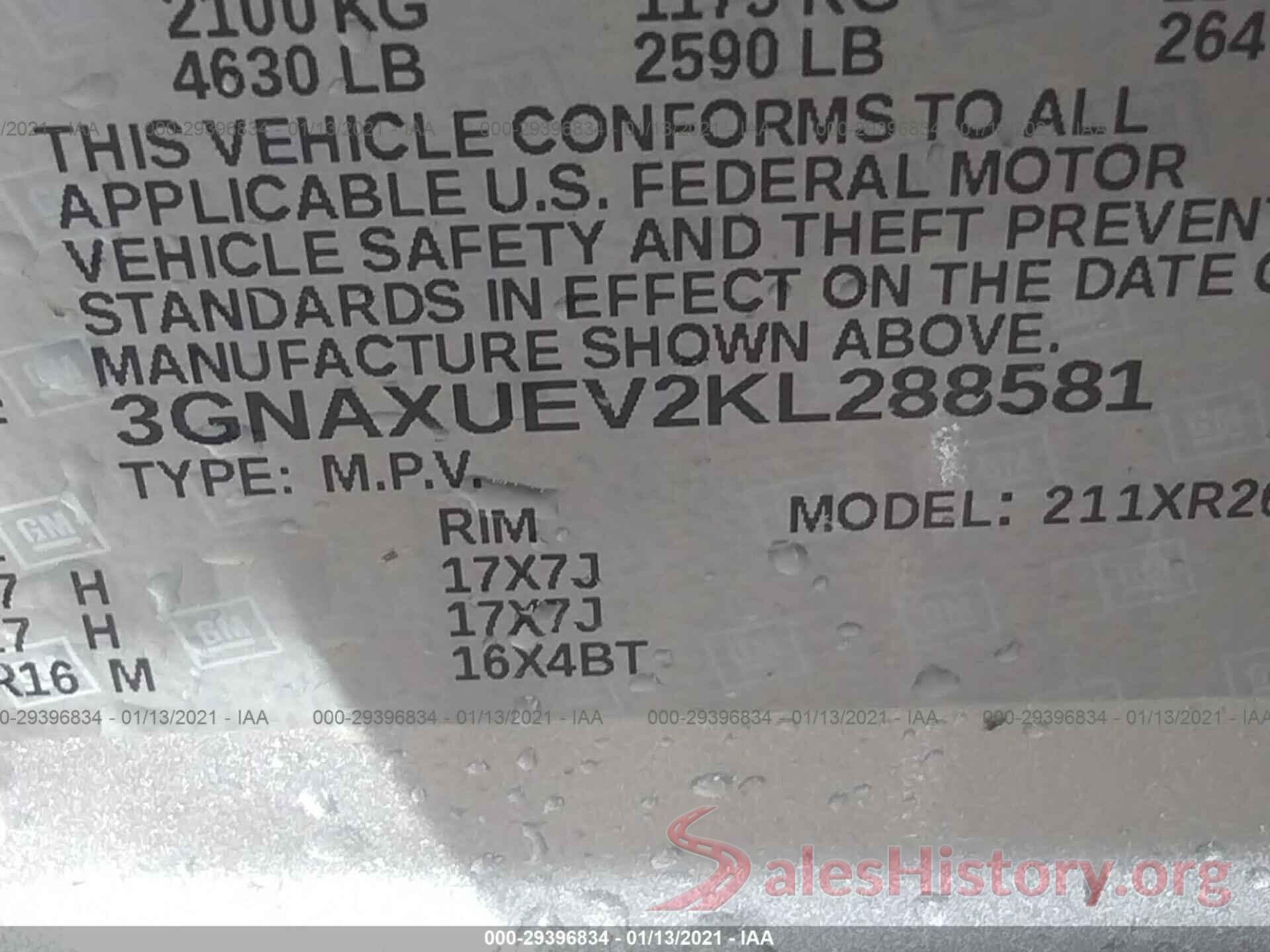 3GNAXUEV2KL288581 2019 CHEVROLET EQUINOX