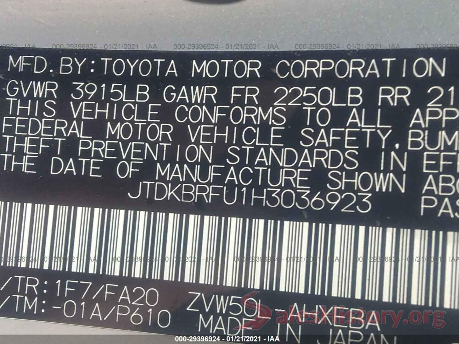 JTDKBRFU1H3036923 2017 TOYOTA PRIUS