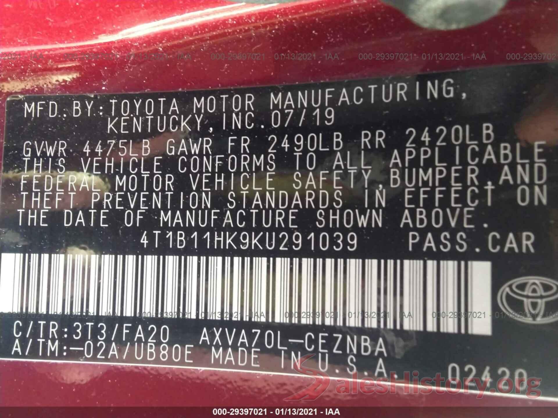 4T1B11HK9KU291039 2019 TOYOTA CAMRY