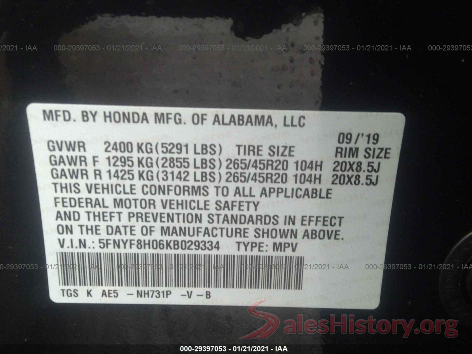 5FNYF8H06KB029334 2019 HONDA PASSPORT