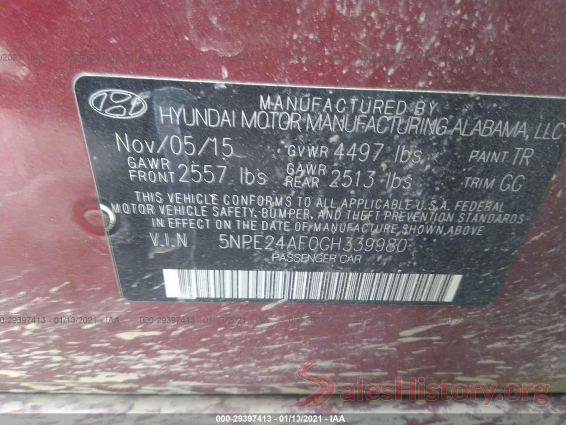 5NPE24AF0GH339980 2016 HYUNDAI SONATA