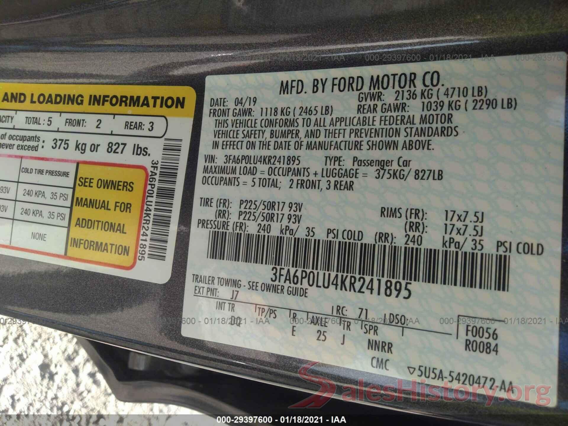 3FA6P0LU4KR241895 2019 FORD FUSION HYBRID