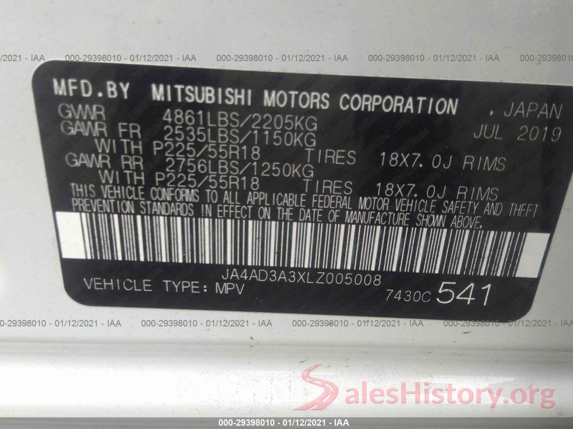 JA4AD3A3XLZ005008 2020 MITSUBISHI OUTLANDER