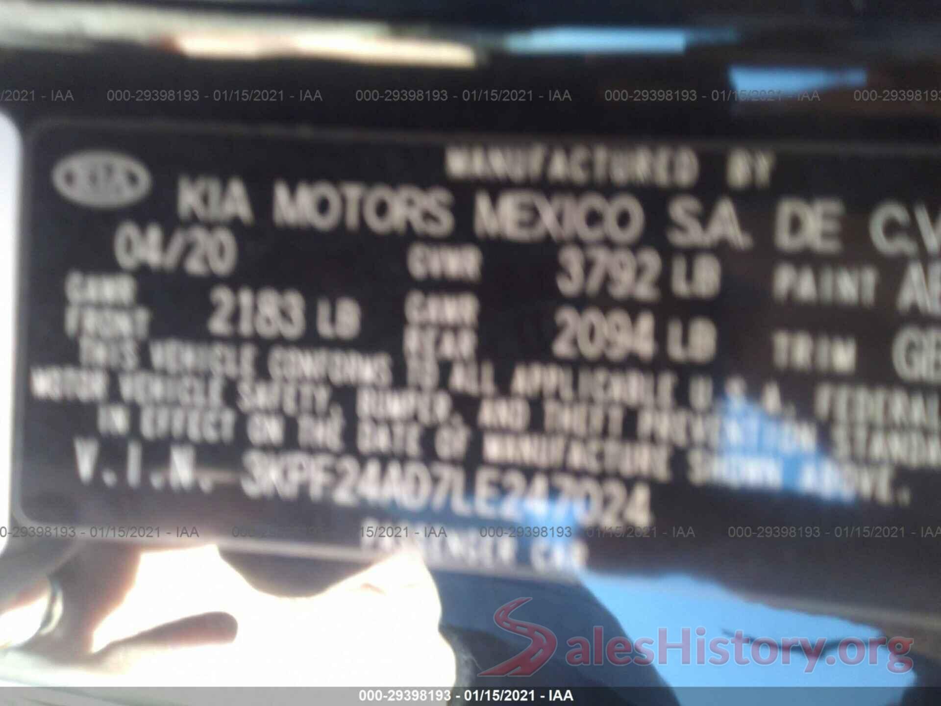 3KPF24AD7LE247024 2020 KIA FORTE