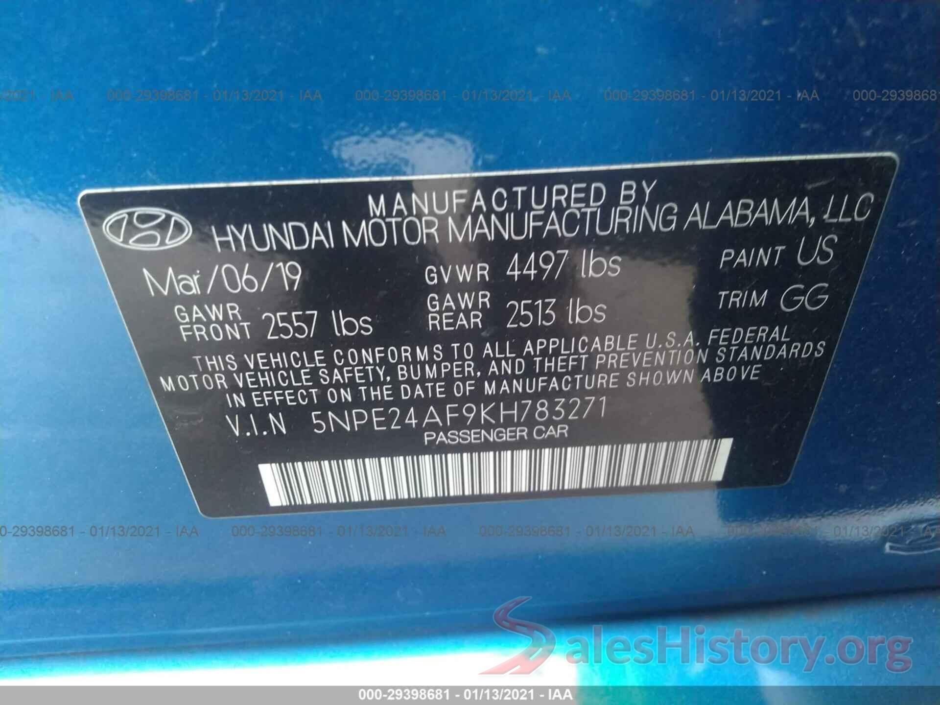 5NPE24AF9KH783271 2019 HYUNDAI SONATA