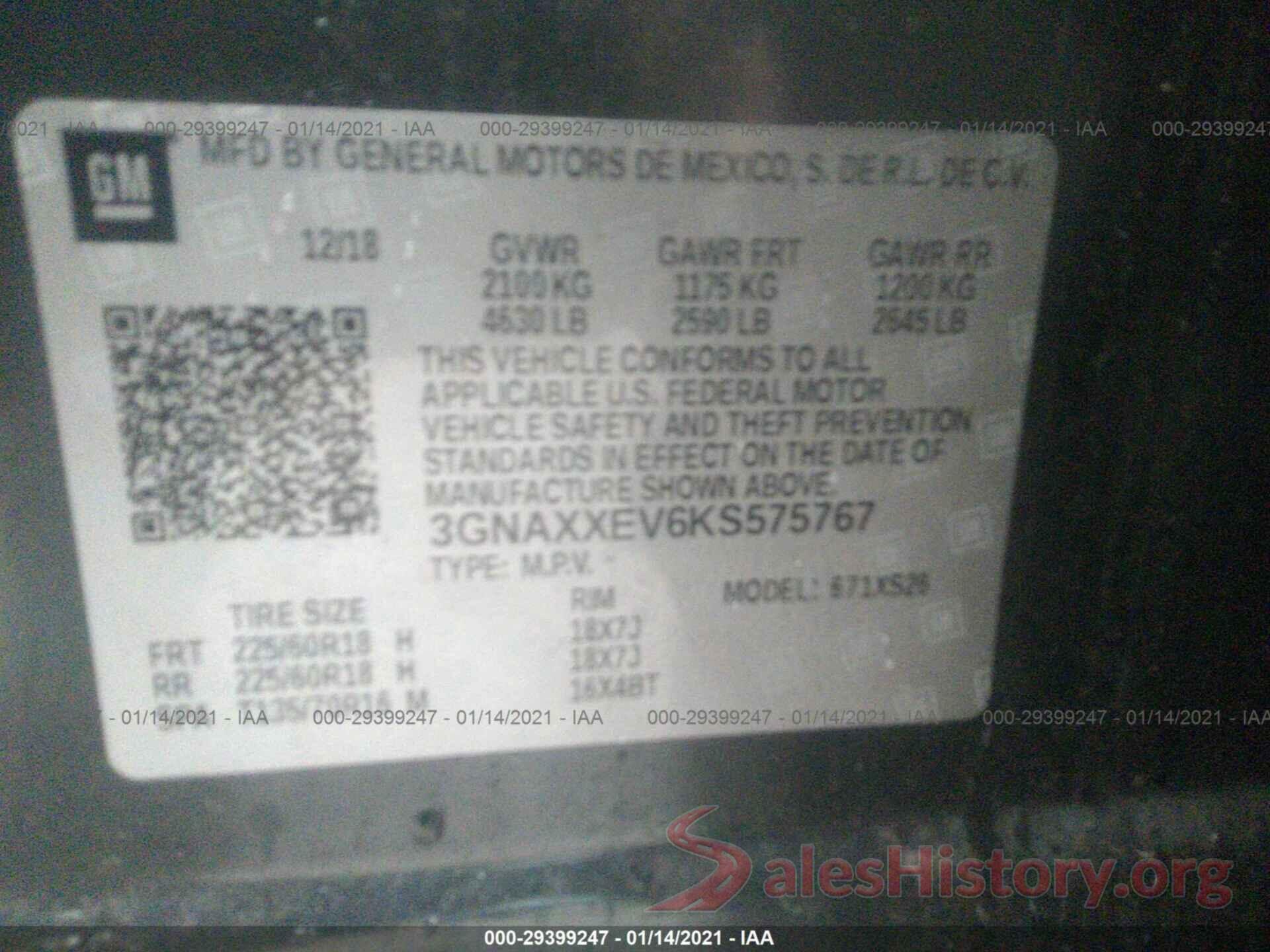 3GNAXXEV6KS575767 2019 CHEVROLET EQUINOX