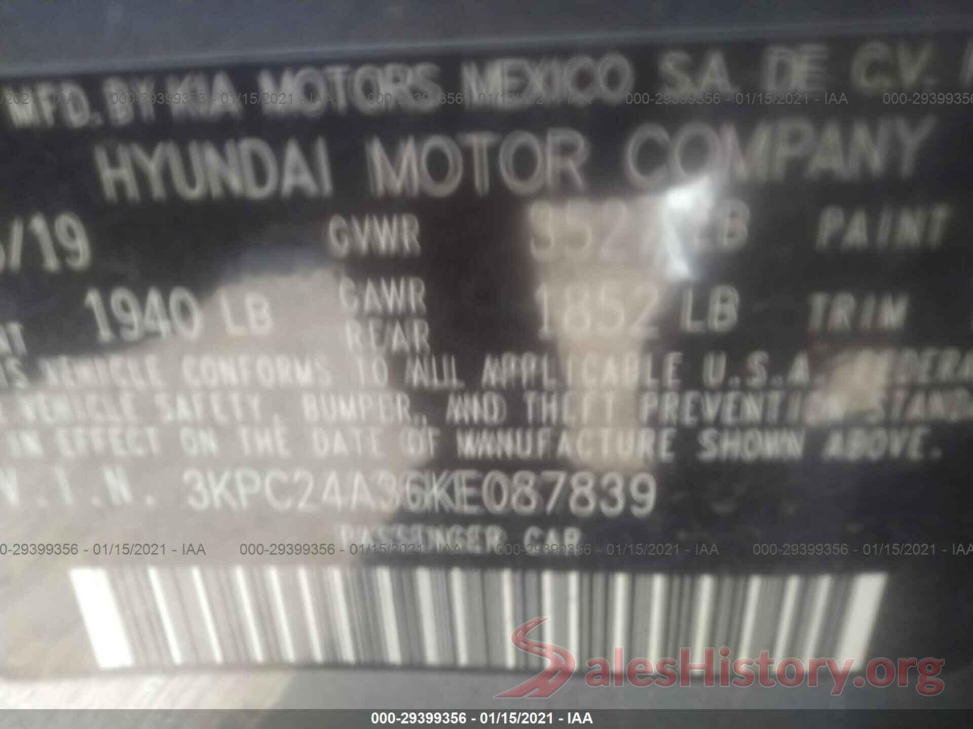 3KPC24A36KE087839 2019 HYUNDAI ACCENT