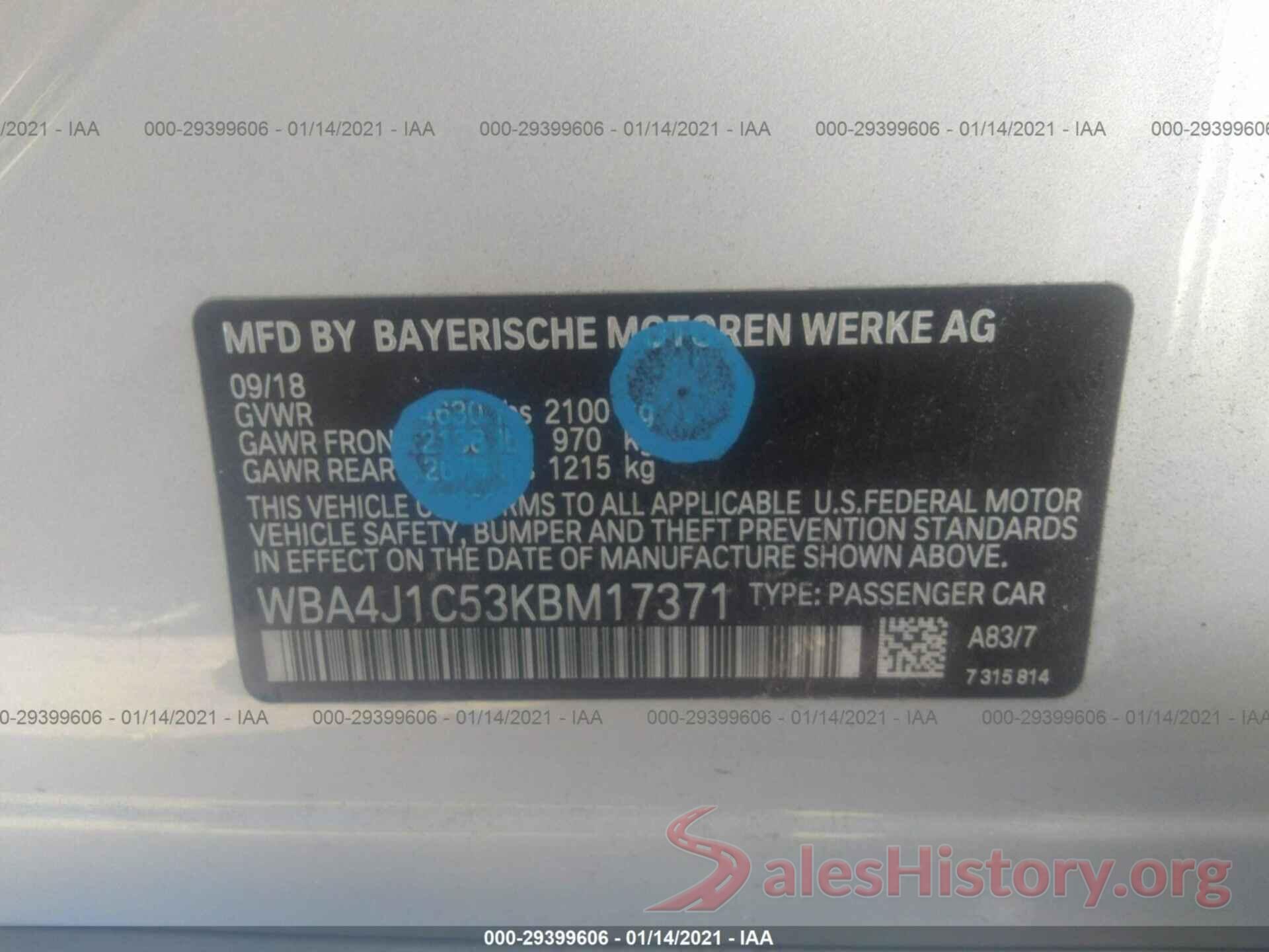 WBA4J1C53KBM17371 2019 BMW 4 SERIES