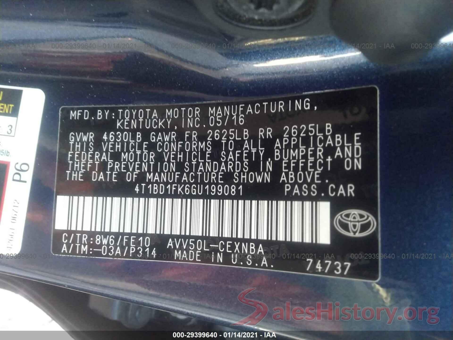 4T1BD1FK6GU199081 2016 TOYOTA CAMRY HYBRID