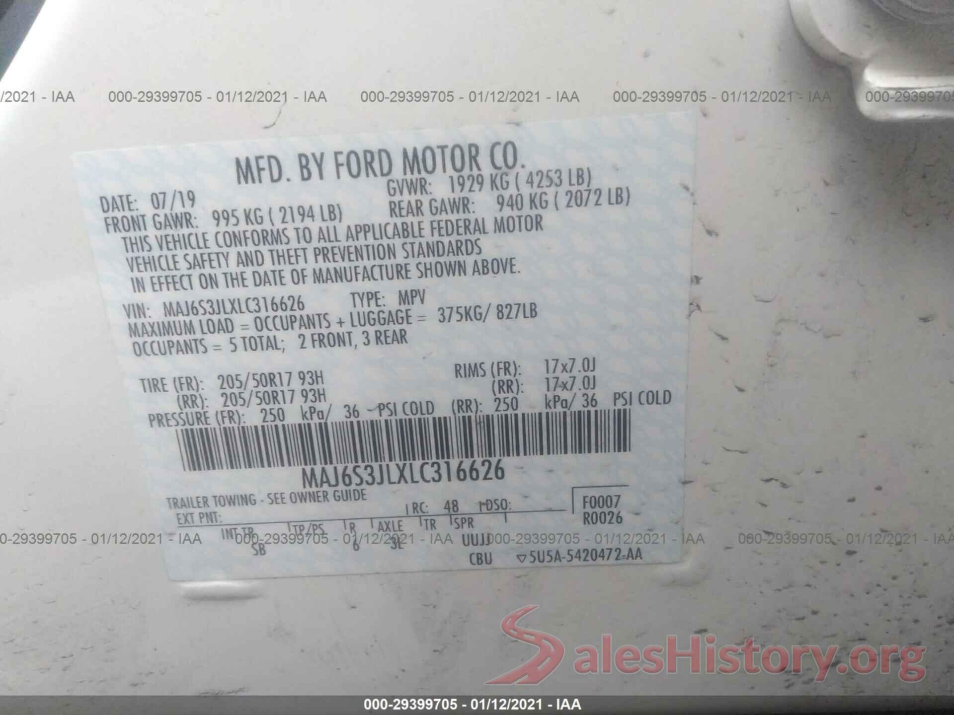 MAJ6S3JLXLC316626 2020 FORD ECOSPORT