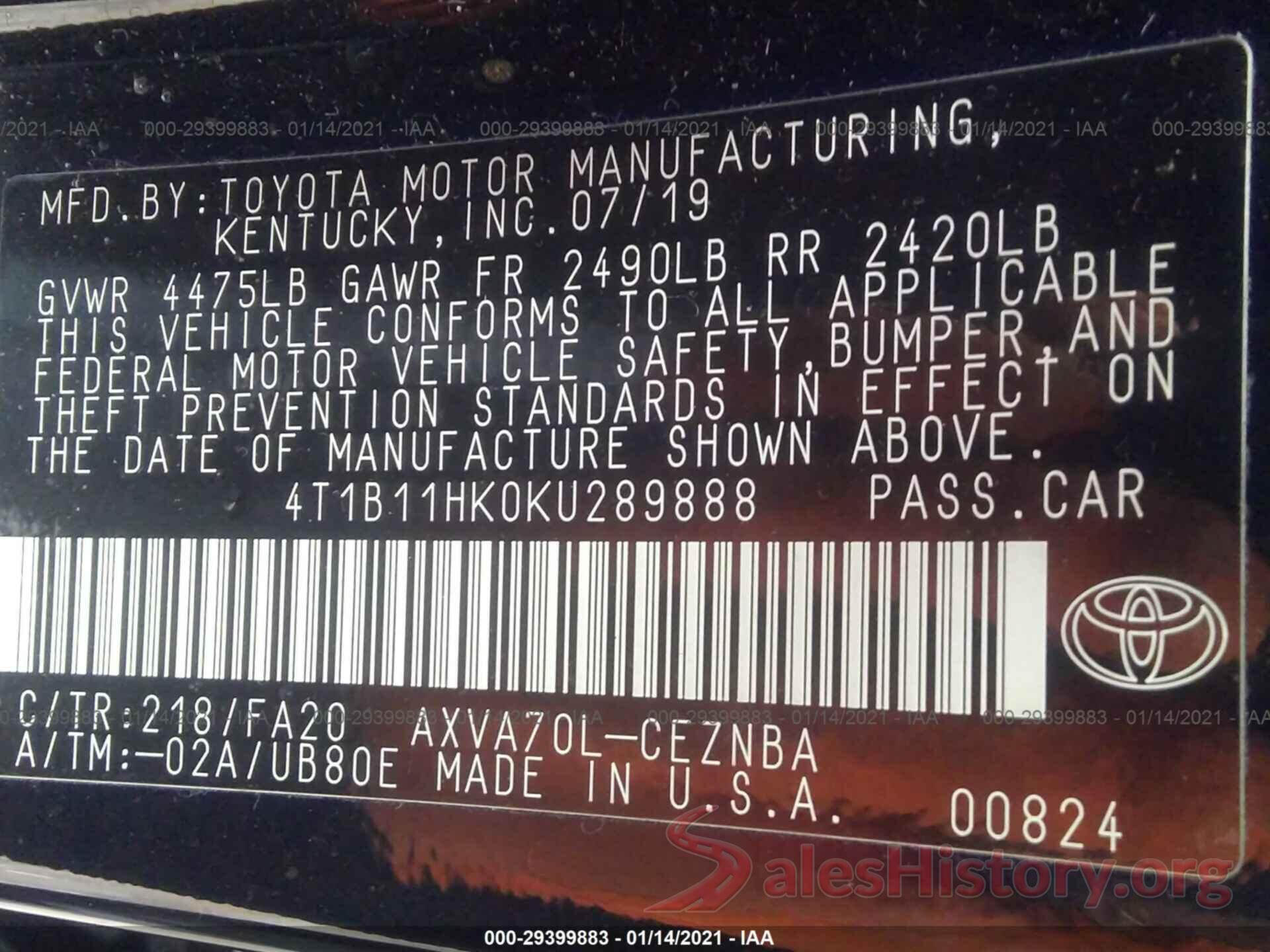 4T1B11HK0KU289888 2019 TOYOTA CAMRY