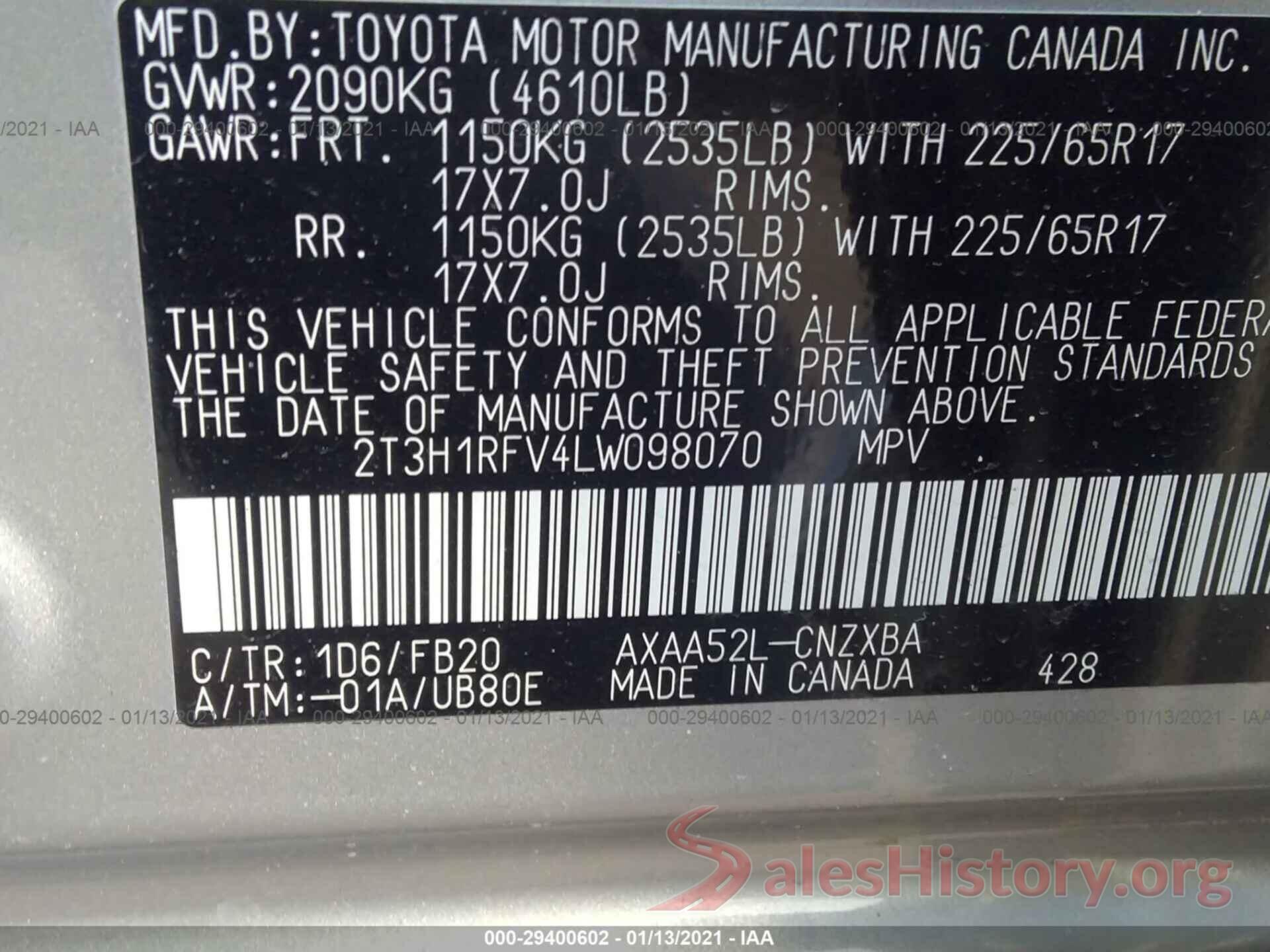 2T3H1RFV4LW098070 2020 TOYOTA RAV4