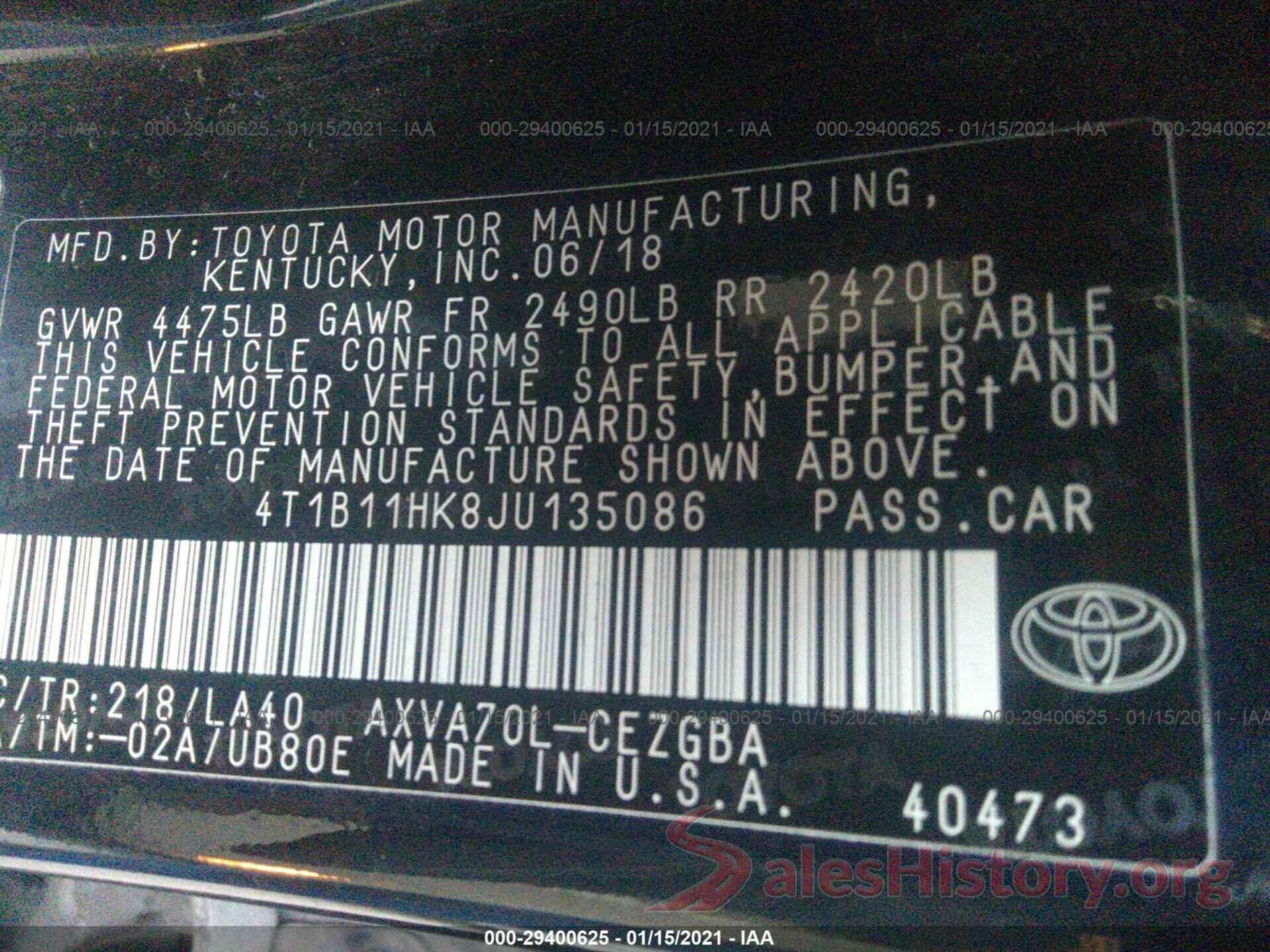 4T1B11HK8JU135086 2018 TOYOTA CAMRY