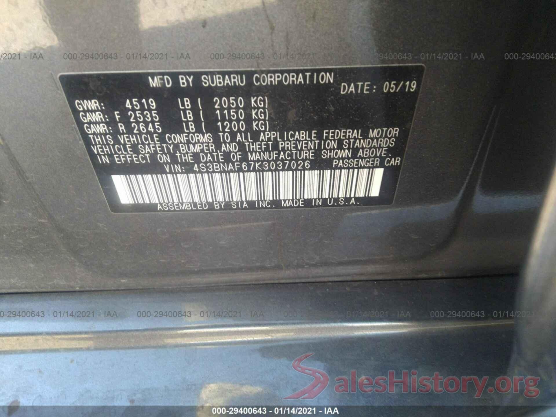 4S3BNAF67K3037026 2019 SUBARU LEGACY