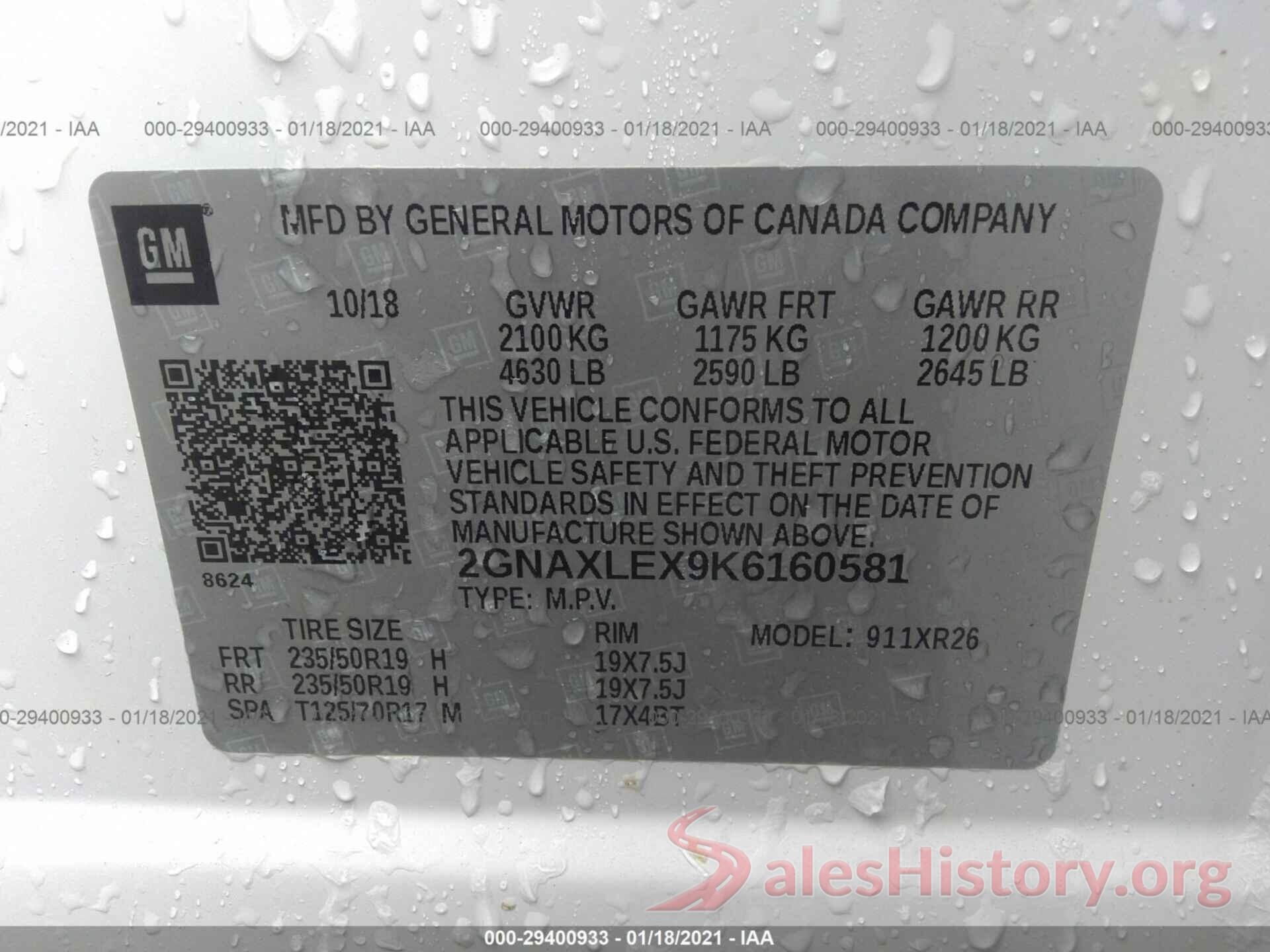 2GNAXLEX9K6160581 2019 CHEVROLET EQUINOX