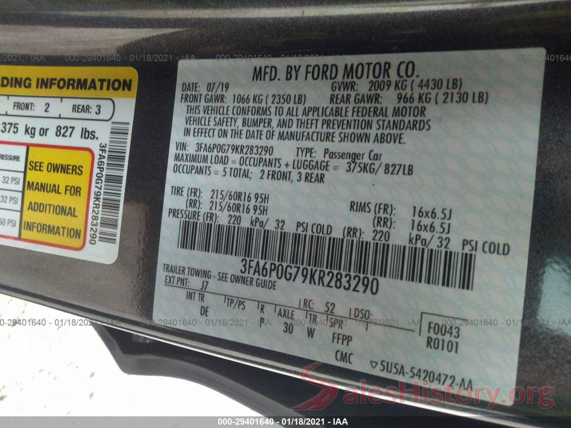 3FA6P0G79KR283290 2019 FORD FUSION