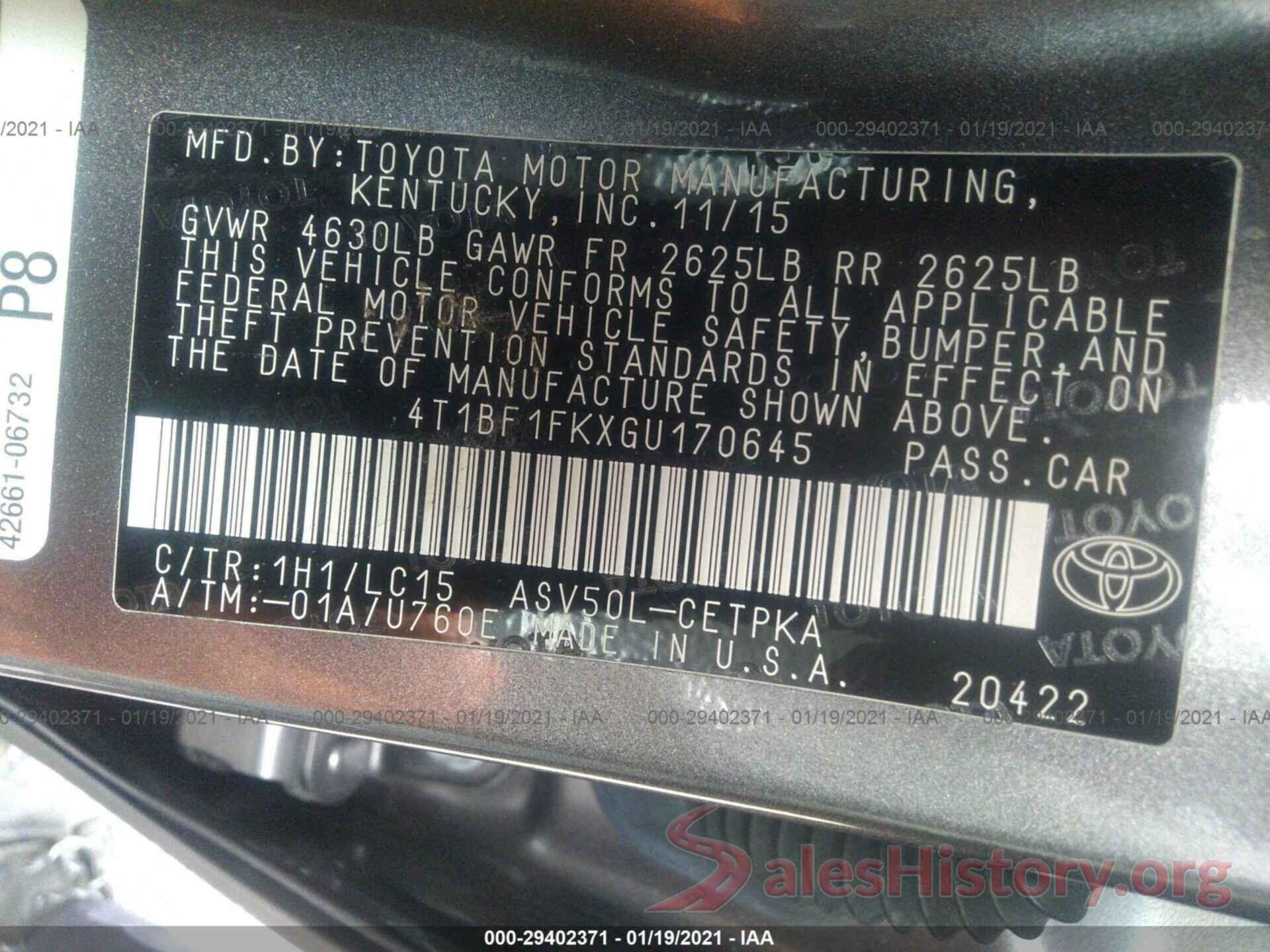 4T1BF1FKXGU170645 2016 TOYOTA CAMRY