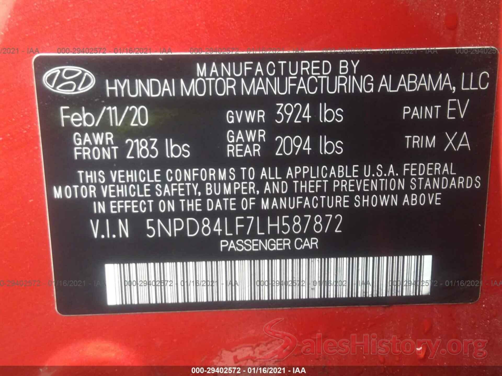 5NPD84LF7LH587872 2020 HYUNDAI ELANTRA