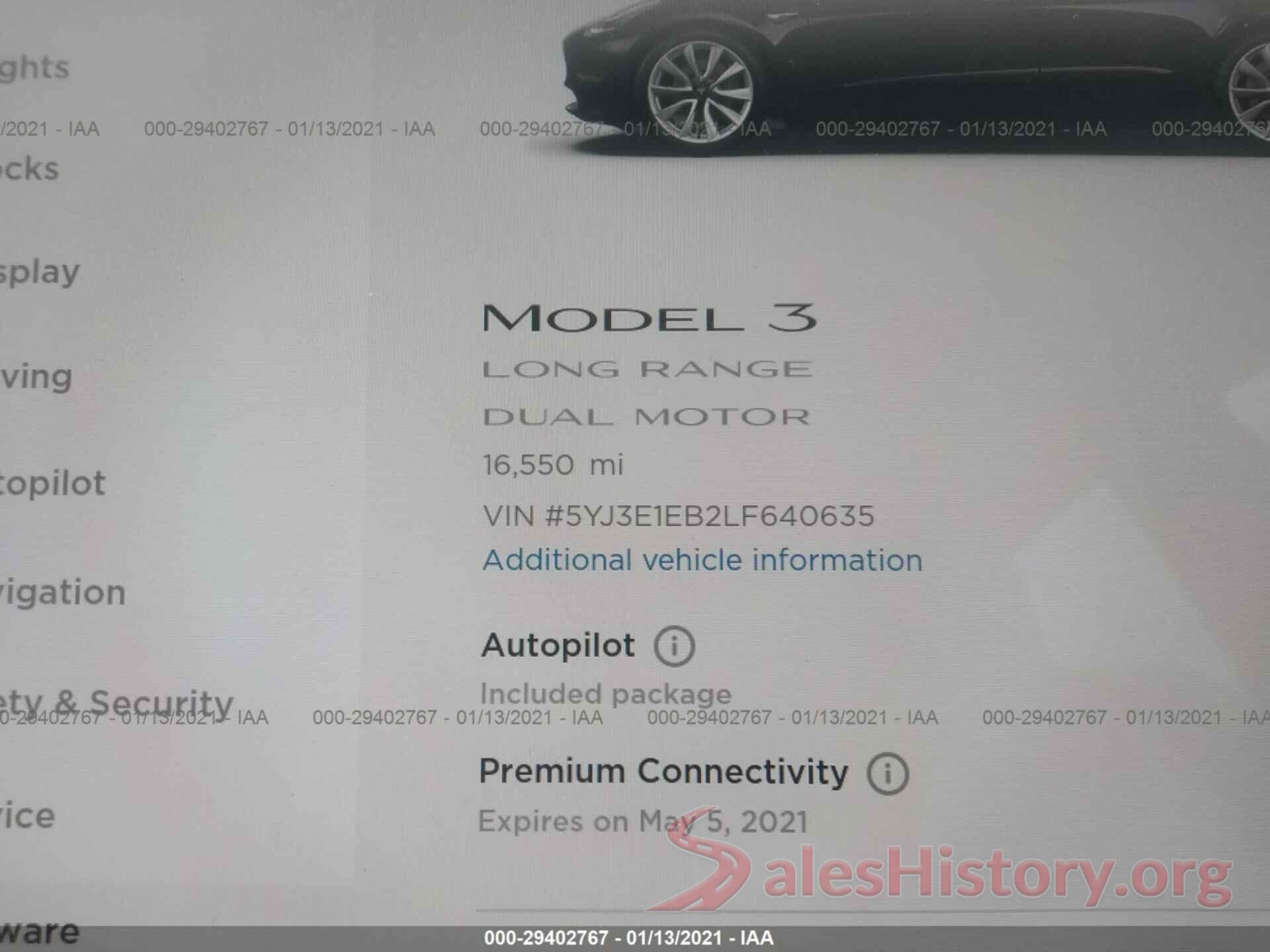 5YJ3E1EB2LF640635 2020 TESLA MODEL 3