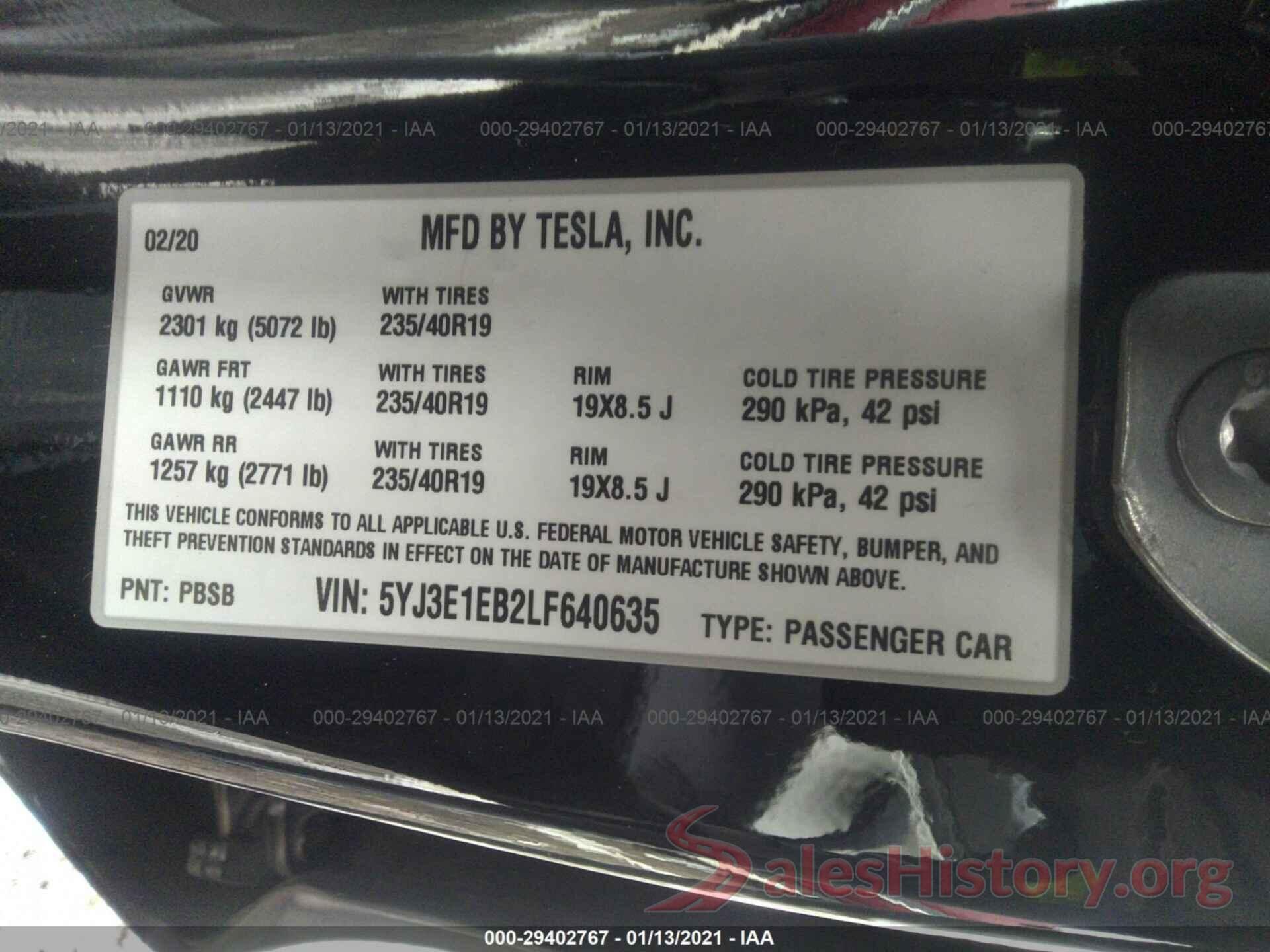 5YJ3E1EB2LF640635 2020 TESLA MODEL 3