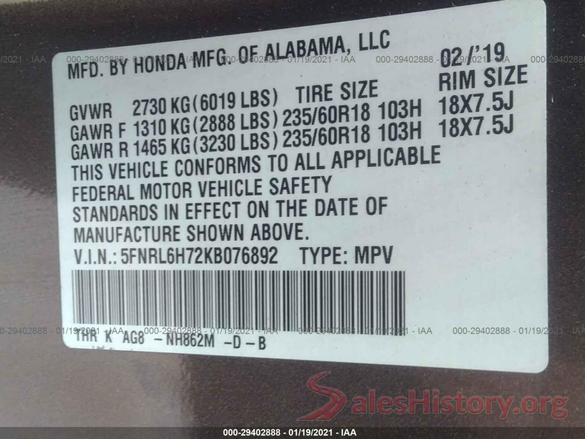 5FNRL6H72KB076892 2019 HONDA ODYSSEY