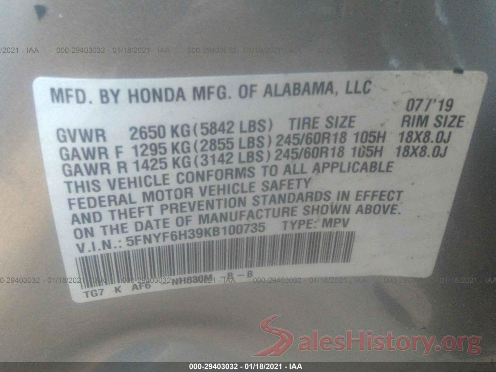 5FNYF6H39KB100735 2019 HONDA PILOT