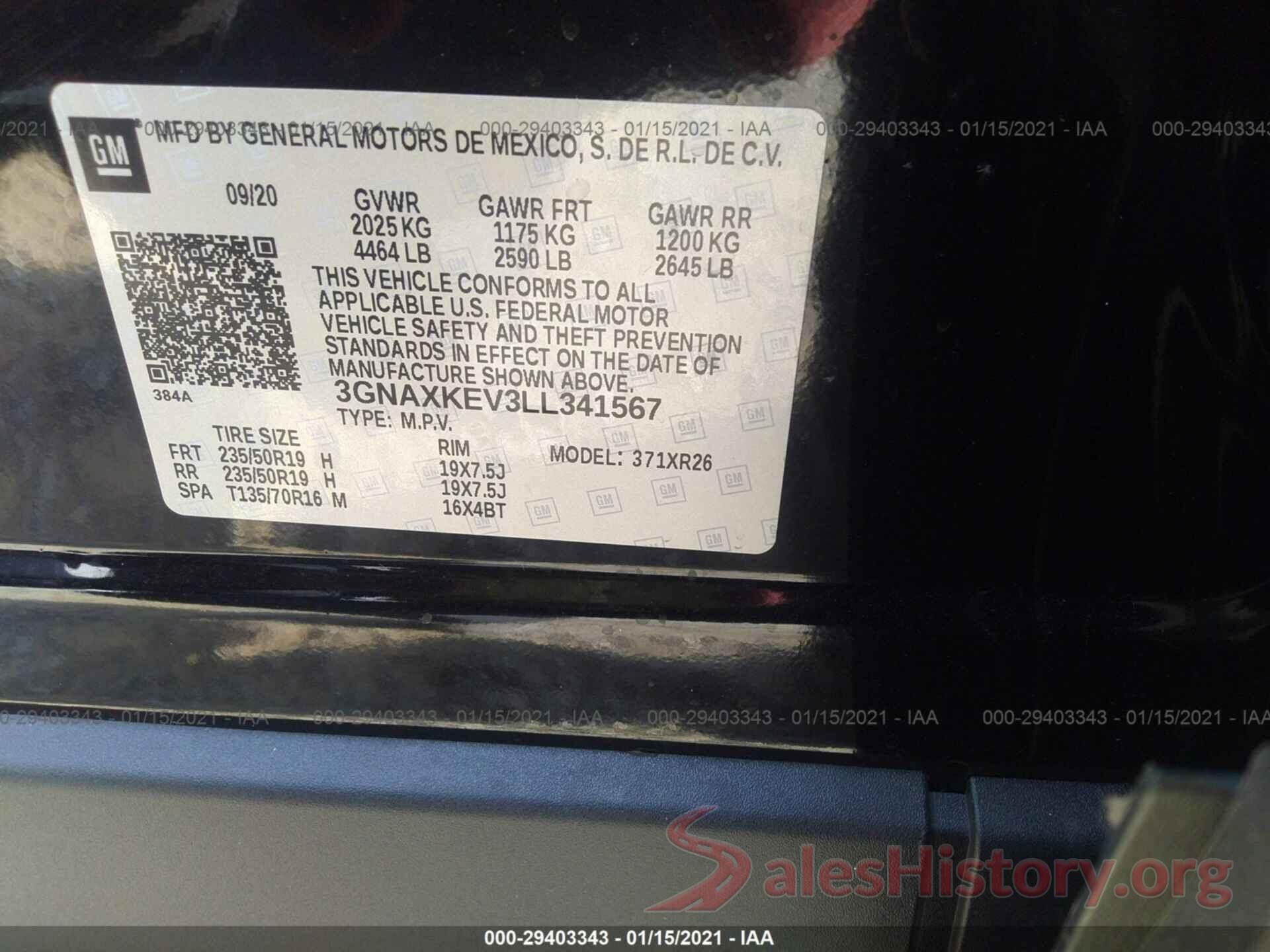 3GNAXKEV3LL341567 2020 CHEVROLET EQUINOX