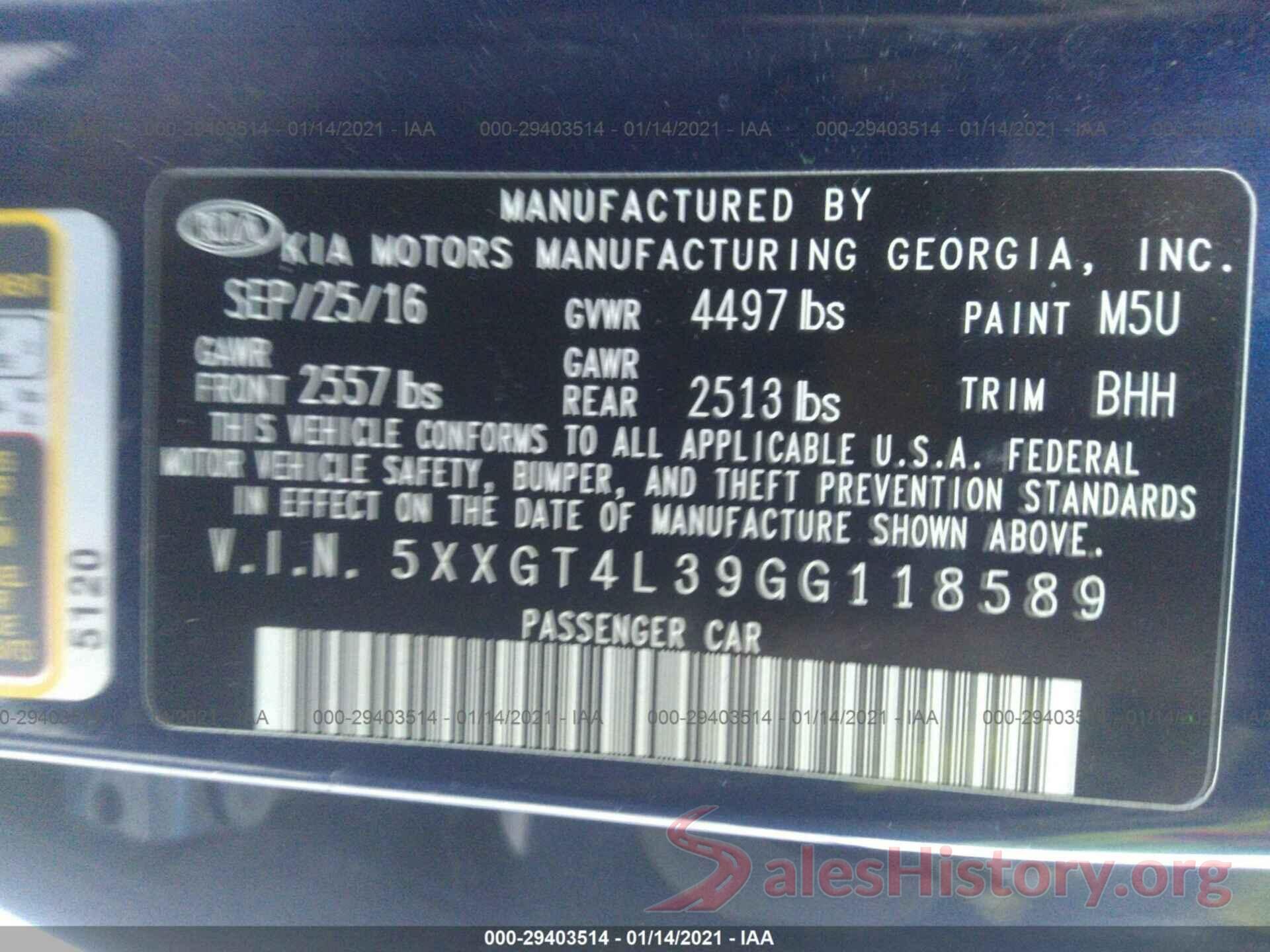 5XXGT4L39GG118589 2016 KIA OPTIMA