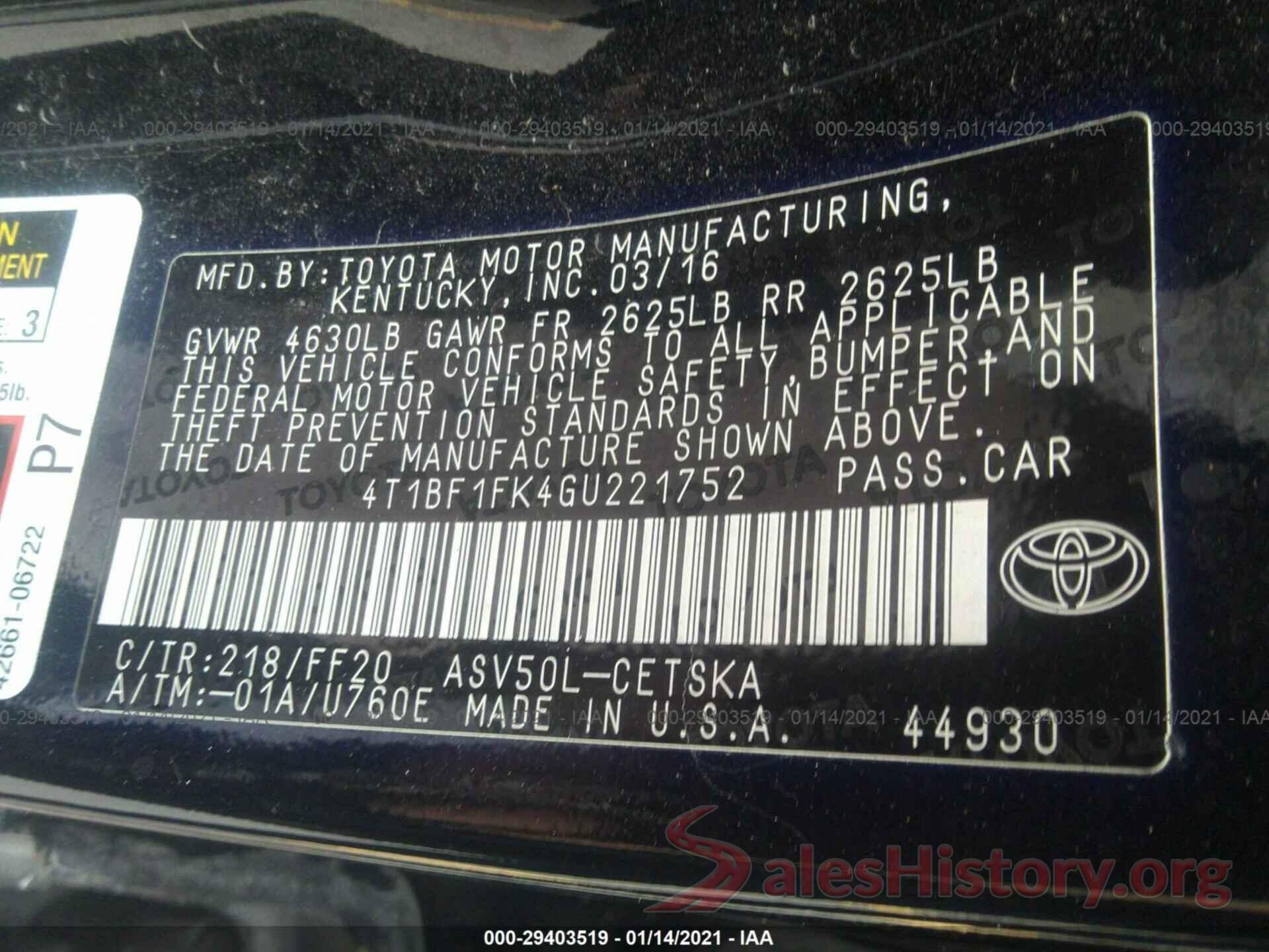 4T1BF1FK4GU221752 2016 TOYOTA CAMRY