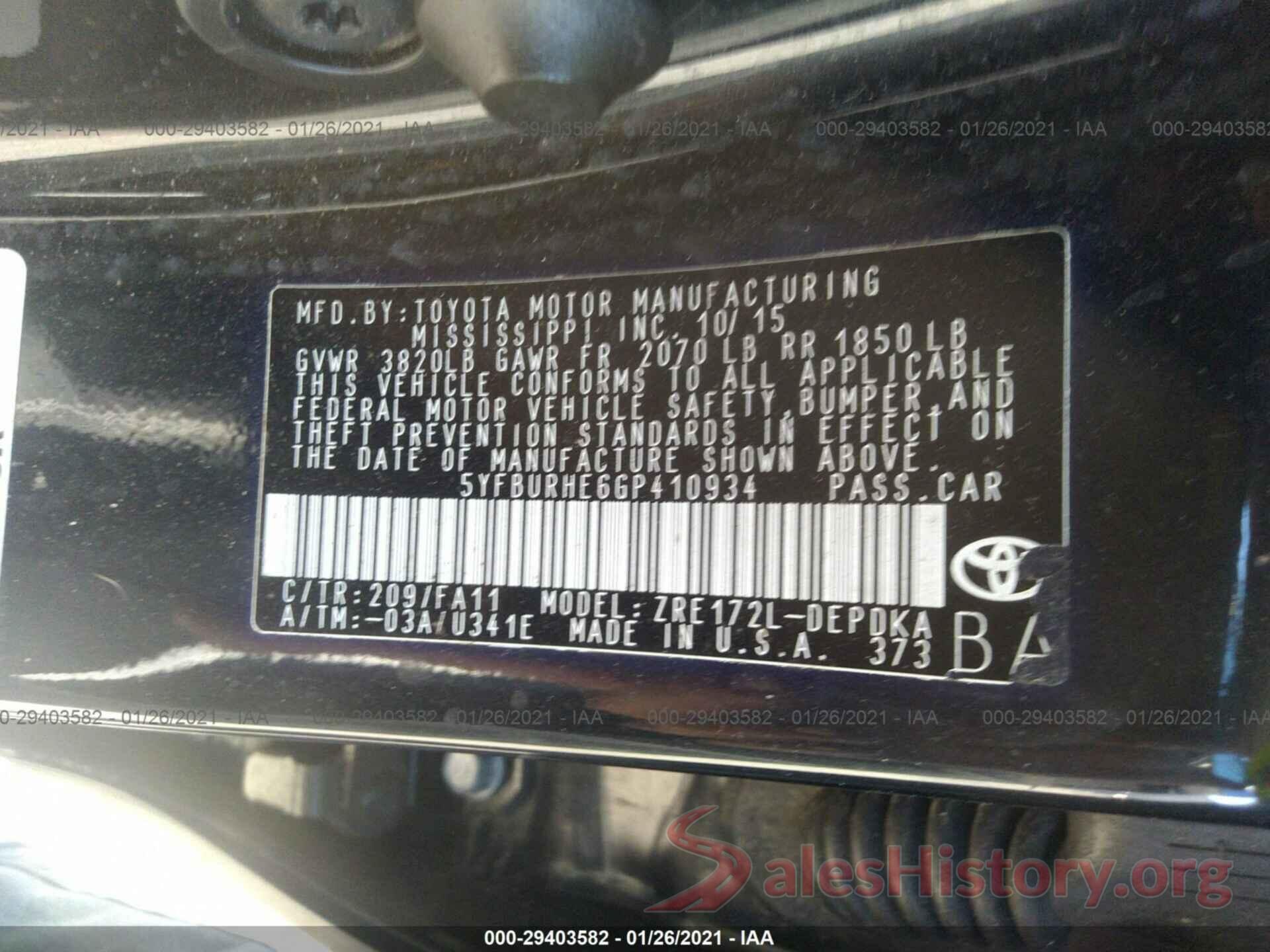 5YFBURHE6GP410934 2016 TOYOTA COROLLA