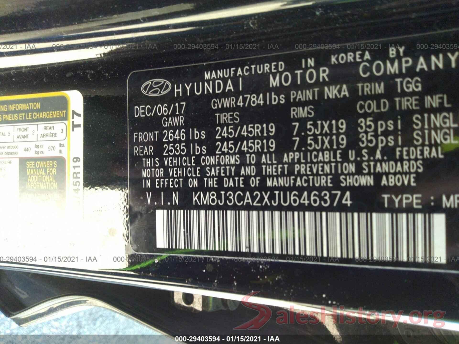 KM8J3CA2XJU646374 2018 HYUNDAI TUCSON