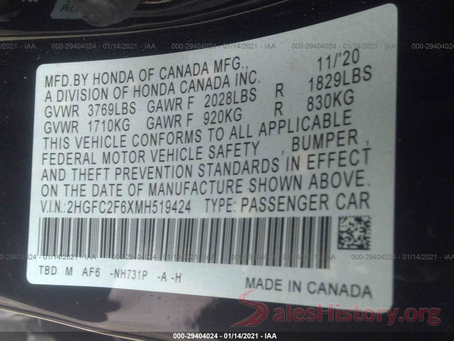 2HGFC2F6XMH519424 2021 HONDA CIVIC