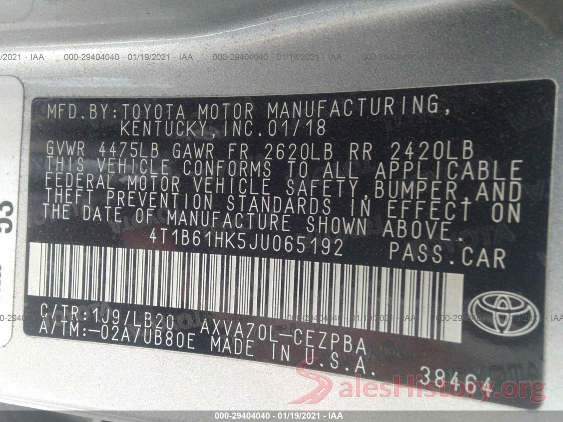 4T1B61HK5JU065192 2018 TOYOTA CAMRY