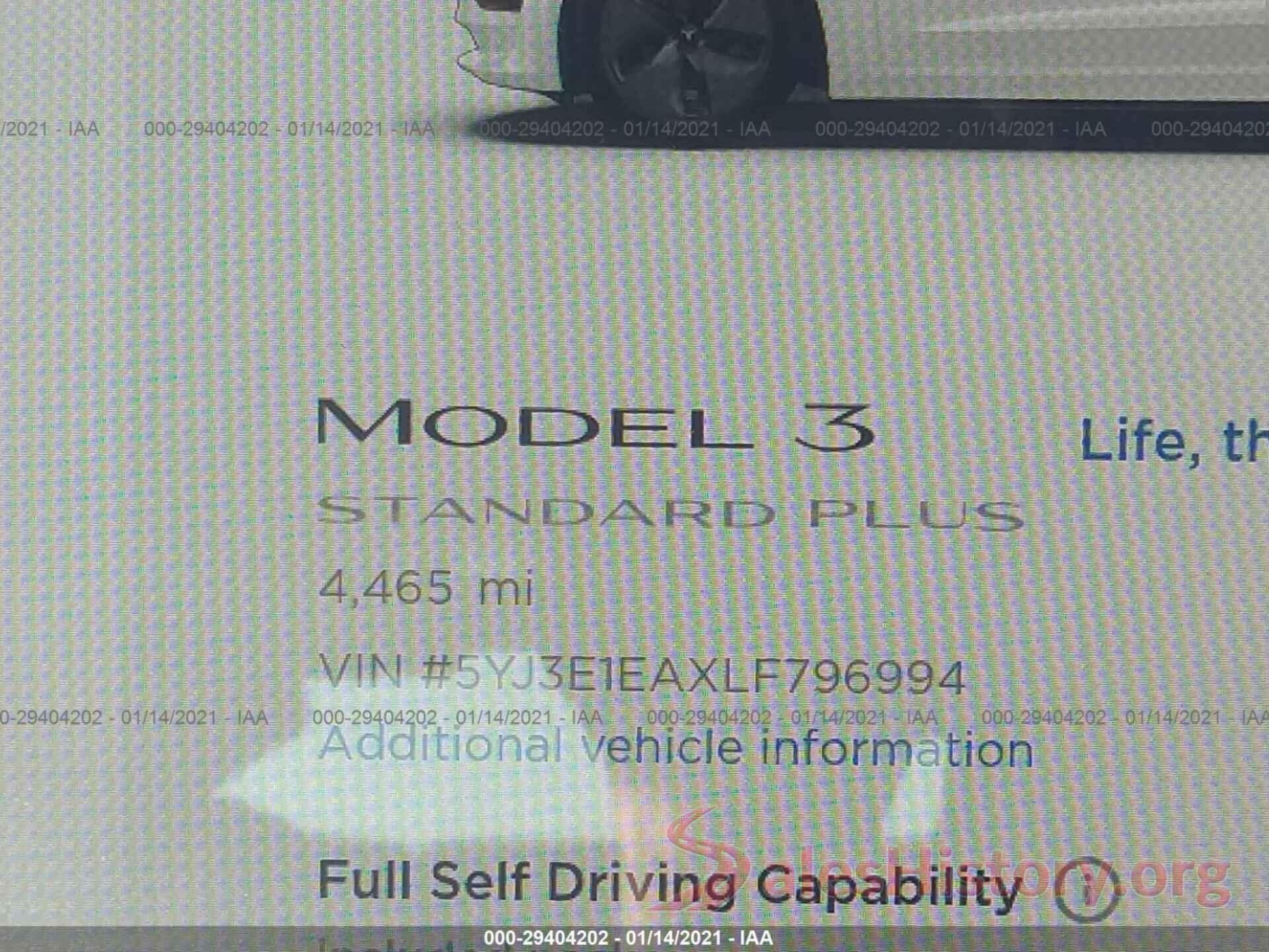 5YJ3E1EAXLF796994 2020 TESLA MODEL 3