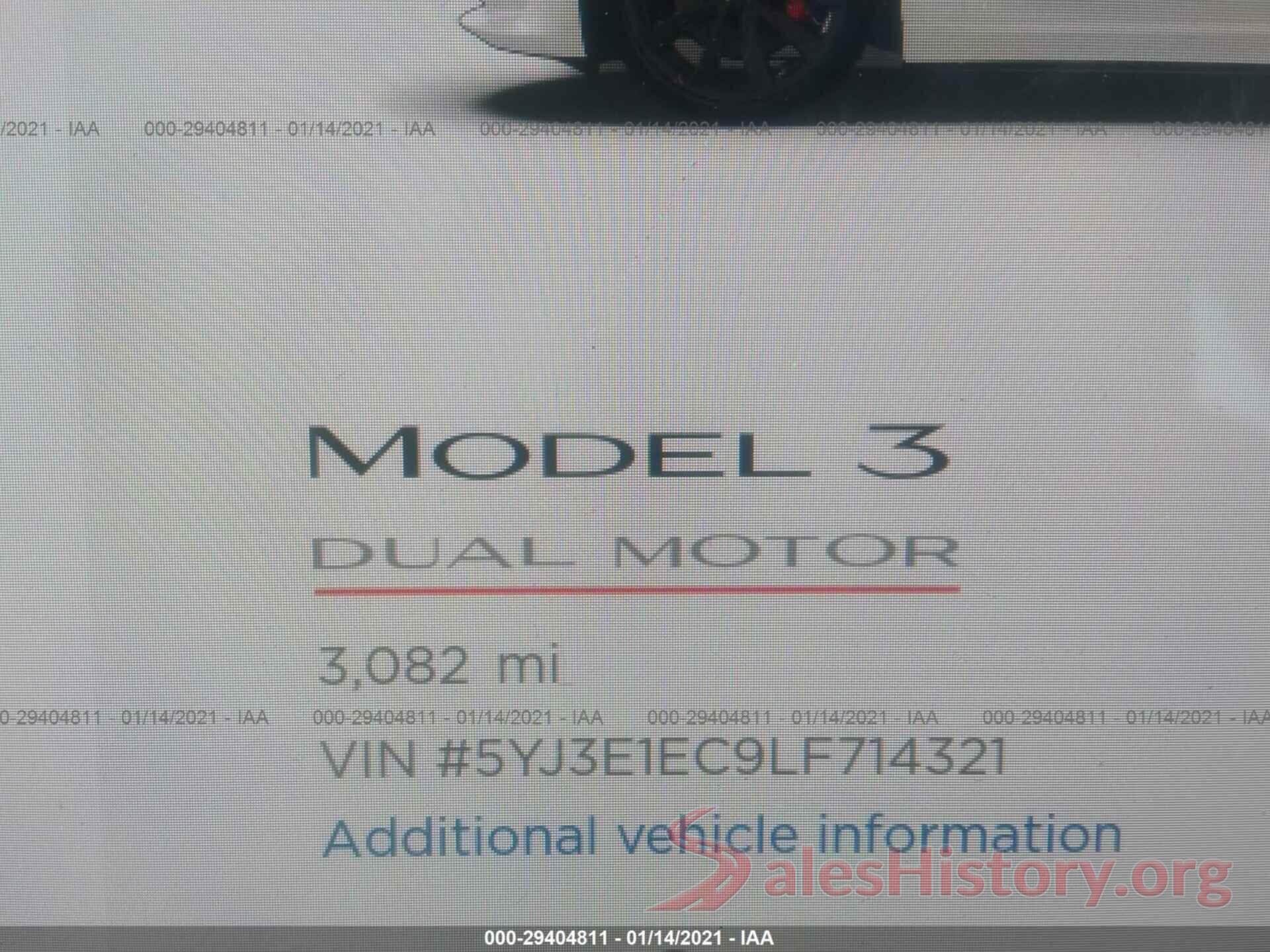 5YJ3E1EC9LF714321 2020 TESLA MODEL 3