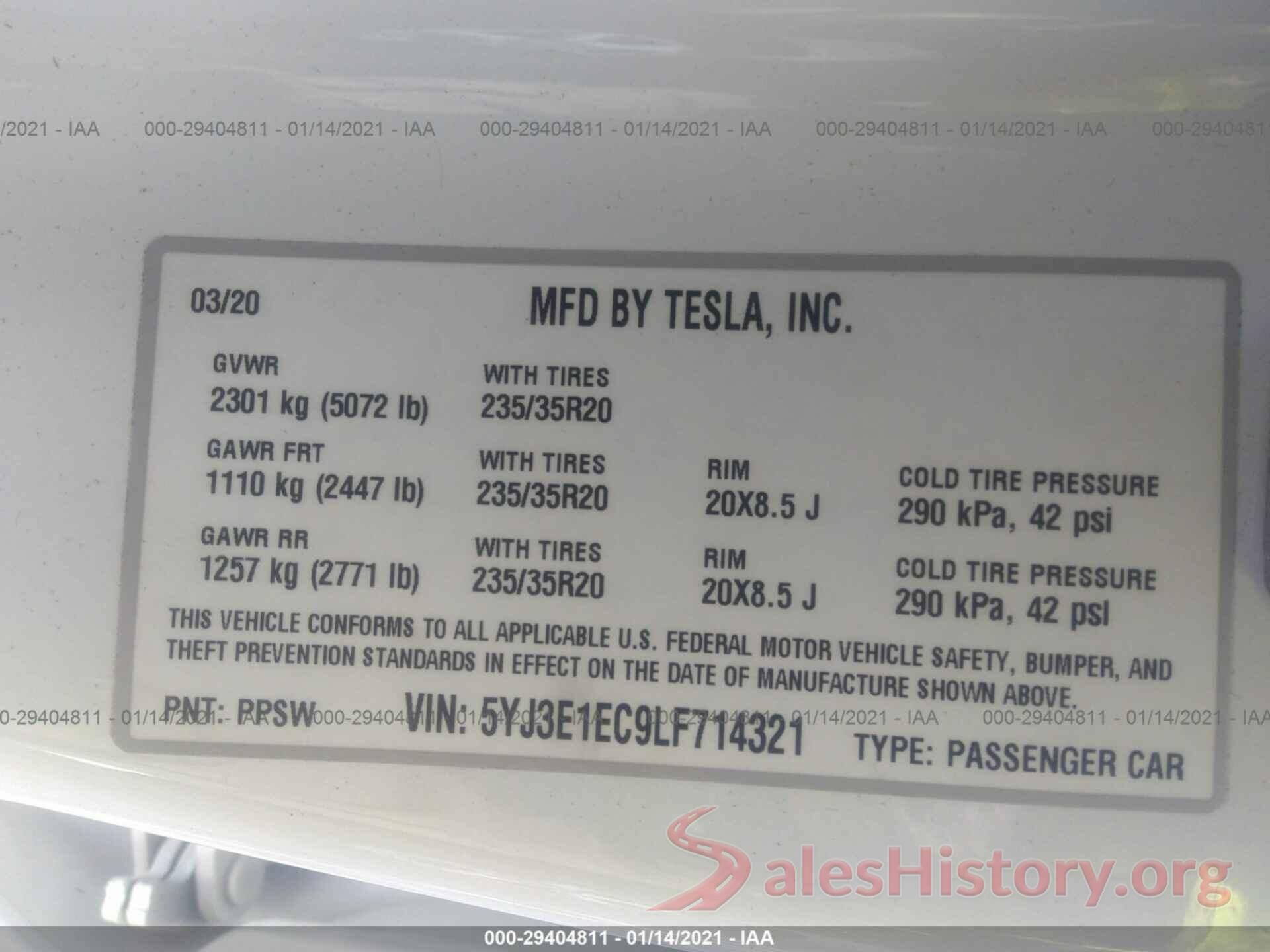 5YJ3E1EC9LF714321 2020 TESLA MODEL 3